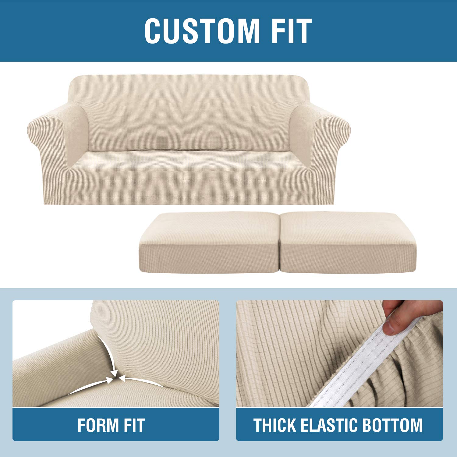 H.VERSAILTEX 3-Piece Stretch Sofa Cover Set for 2-Cushion Couches - Thick Jacquard Fabric Slipcover with Base & Seat Covers (Natural, Large) - Perfect for Living Room, Family Room & Home Decor Protection