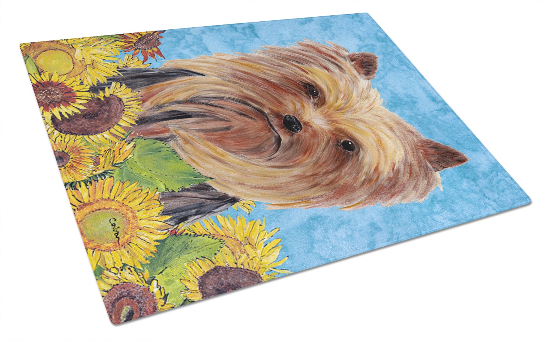 Yorkie in Summer Flowers Tempered Glass Cutting Board - Large Decorative Kitchen Chopping & Serving Board for Fruits, Cheese & Charcuterie | Durable Glass Cutting Surface for Home & Entertaining