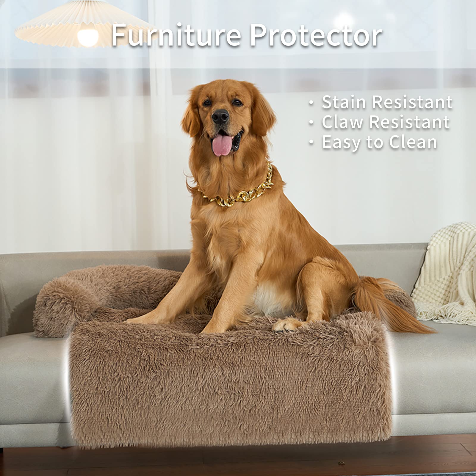 Premium 45In Calming Dog Couch Bed - Extra Large Plush Sofa Bed for Dogs & Cats, Fluffy Furniture Protector with Washable Cover (45x37x6, Brown) - Perfect for Living Room, Bedroom & Pet-Friendly Spaces