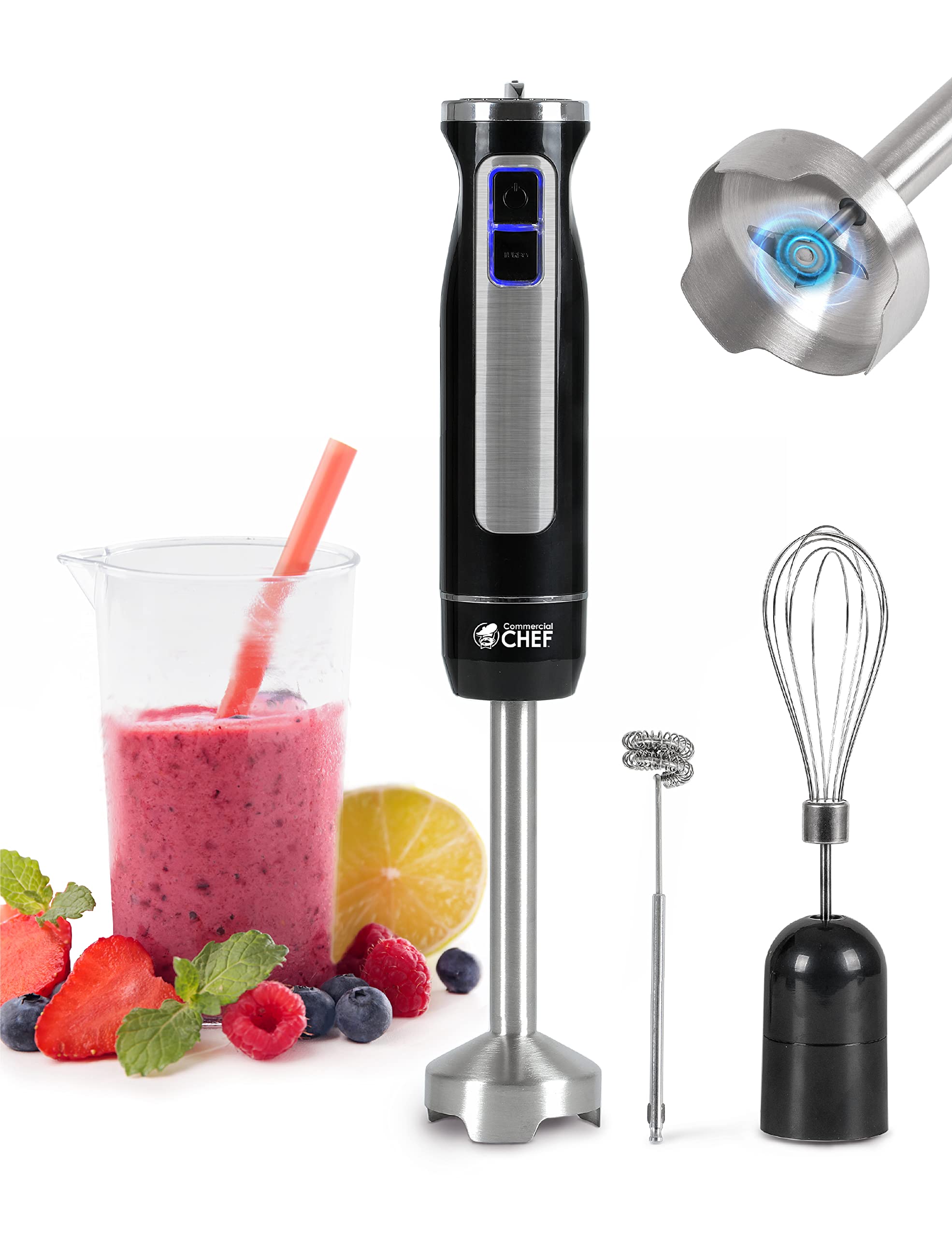 Commercial Chef Immersion Blender - 8-Speed Stainless Steel Hand Blender for Smoothies, Soups & Baking | Multi-Purpose Handheld Mixer for Kitchen, Restaurant & Catering Use