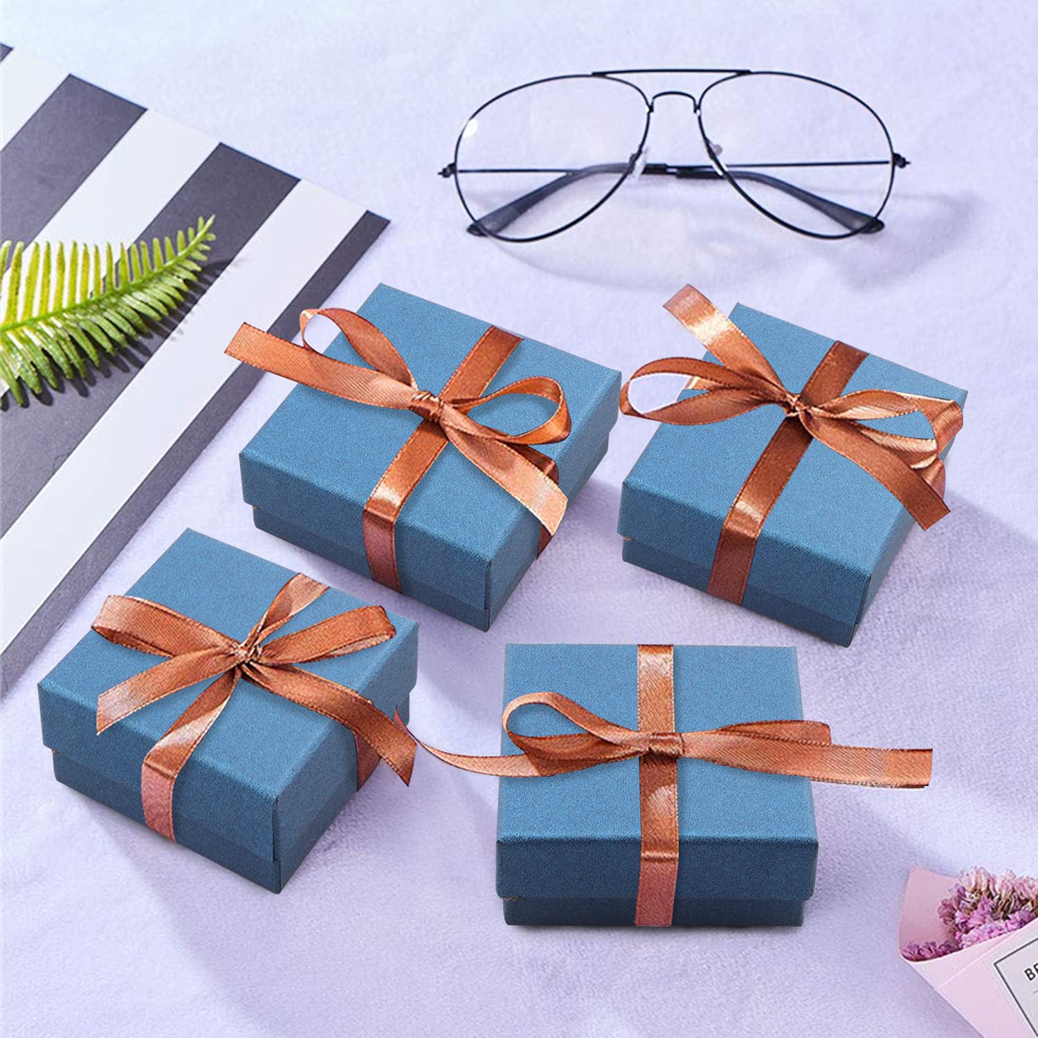 12 Pack Square Cardboard Jewelry Gift Boxes with Cotton Filling - 3.27x3.27x1.38 Inches Blue Necklace Earring Ring Storage Case | Perfect for Jewelry Gifting, Wedding Favors & Retail Packaging