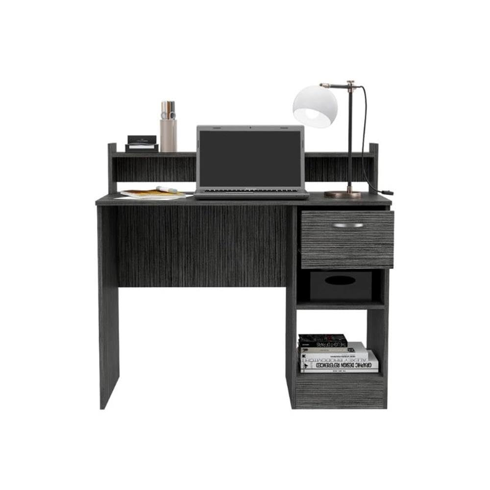 Charlotte Computer Desk with Open Shelf, 2 Storage Shelves & Built-in Drawer - Smokey Oak Finish Home Office Desk for Small Spaces, Work from Home & Study
