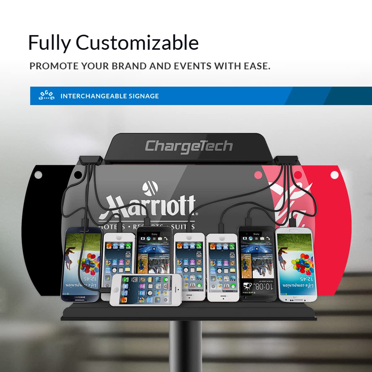 ChargeTech Wall Mounted Multi-Device Charging Station with 4 Lightning & 4 USB-C Cables - Fast Charging for iPhone, Android Phones, Tablets & Smartwatches - Perfect for Home, Office, Hotel or Retail Store Charging Solutions