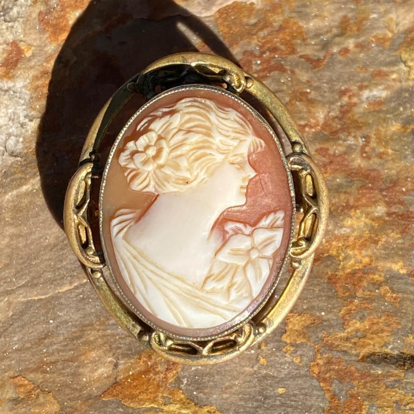 Vintage Gold Over Brass Carved Shell Cameo Pin Pendant - Elegant Antique Jewelry for Women, Perfect for Weddings, Parties & Vintage Fashion Collections