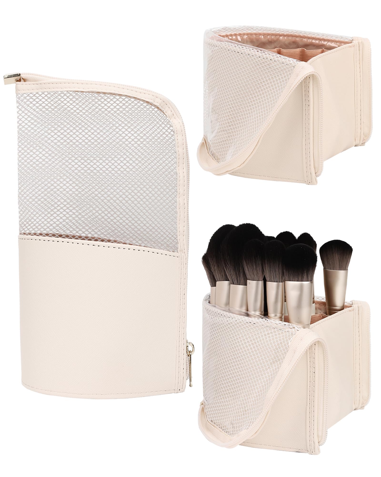 MONSTINA Professional Makeup Brush Holder Bag - Waterproof Portable Organizer Pouch with Stand-Up Design, Extra Large Beige Cosmetic Case for Artists | Perfect for Travel, Home & Salon Use