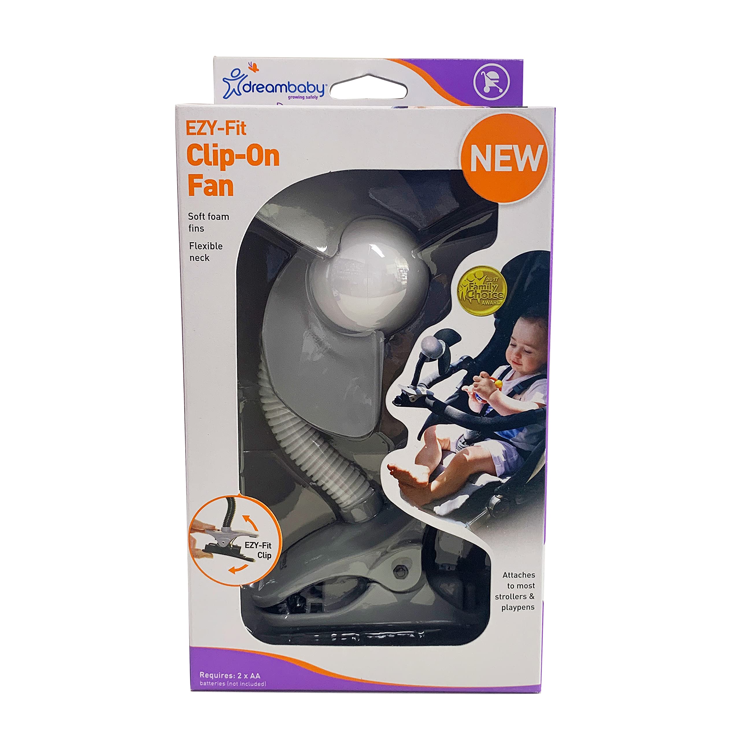 Dreambaby Clip-on Stroller Fan with Soft Fin Blades - Safe Battery Operated Cooling Fan for Baby Stroller, Car Seat & Crib (Grey/White, Batteries Not Included) - Perfect for Outdoor Walks, Travel & Hot Weather