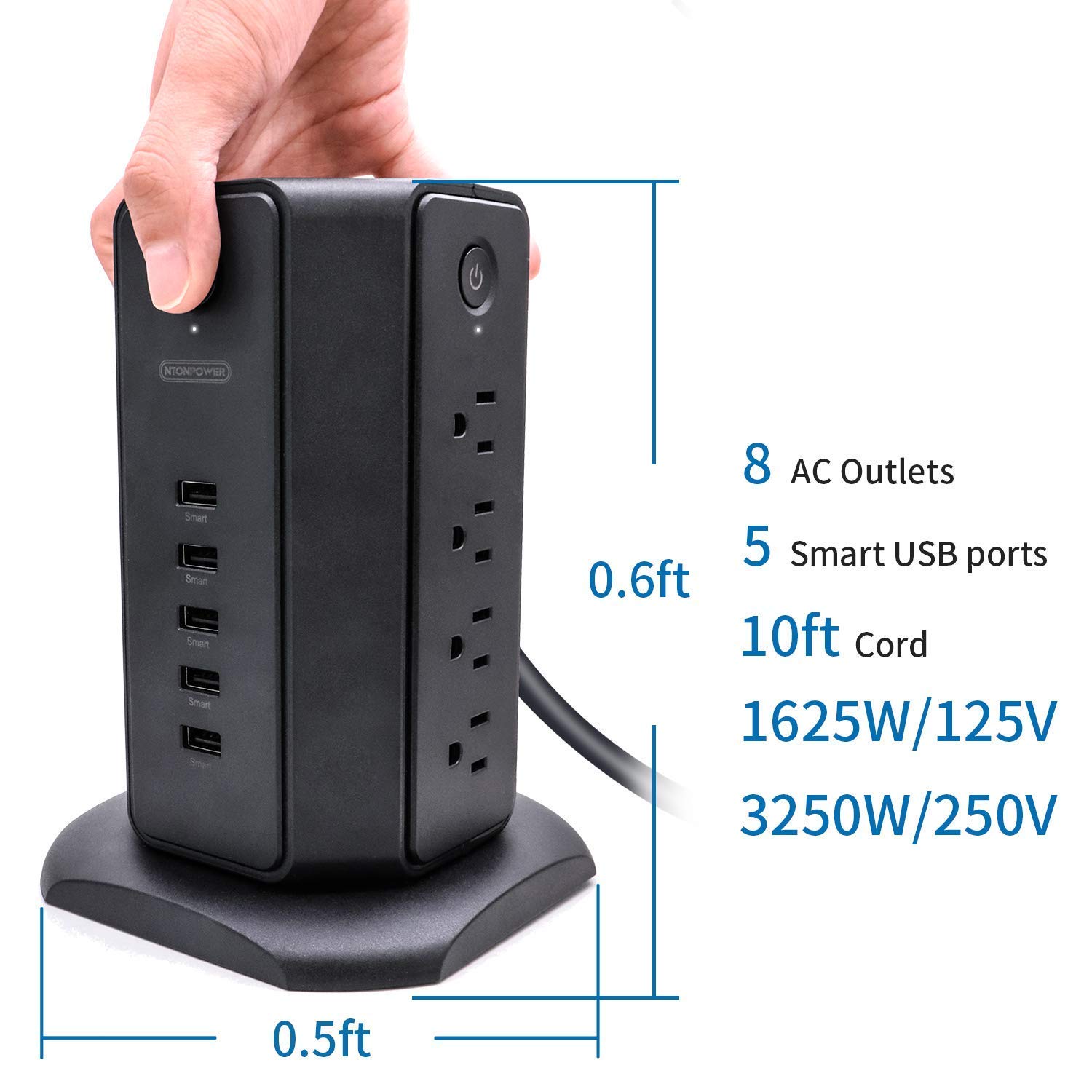 NTONPOWER Desktop Power Strip with USB Ports, 6-Outlet Tower Power Strip & Extension Cord - Essential for Home Office, Dorm Room, Gaming Setup & Workspace Organization (Black)