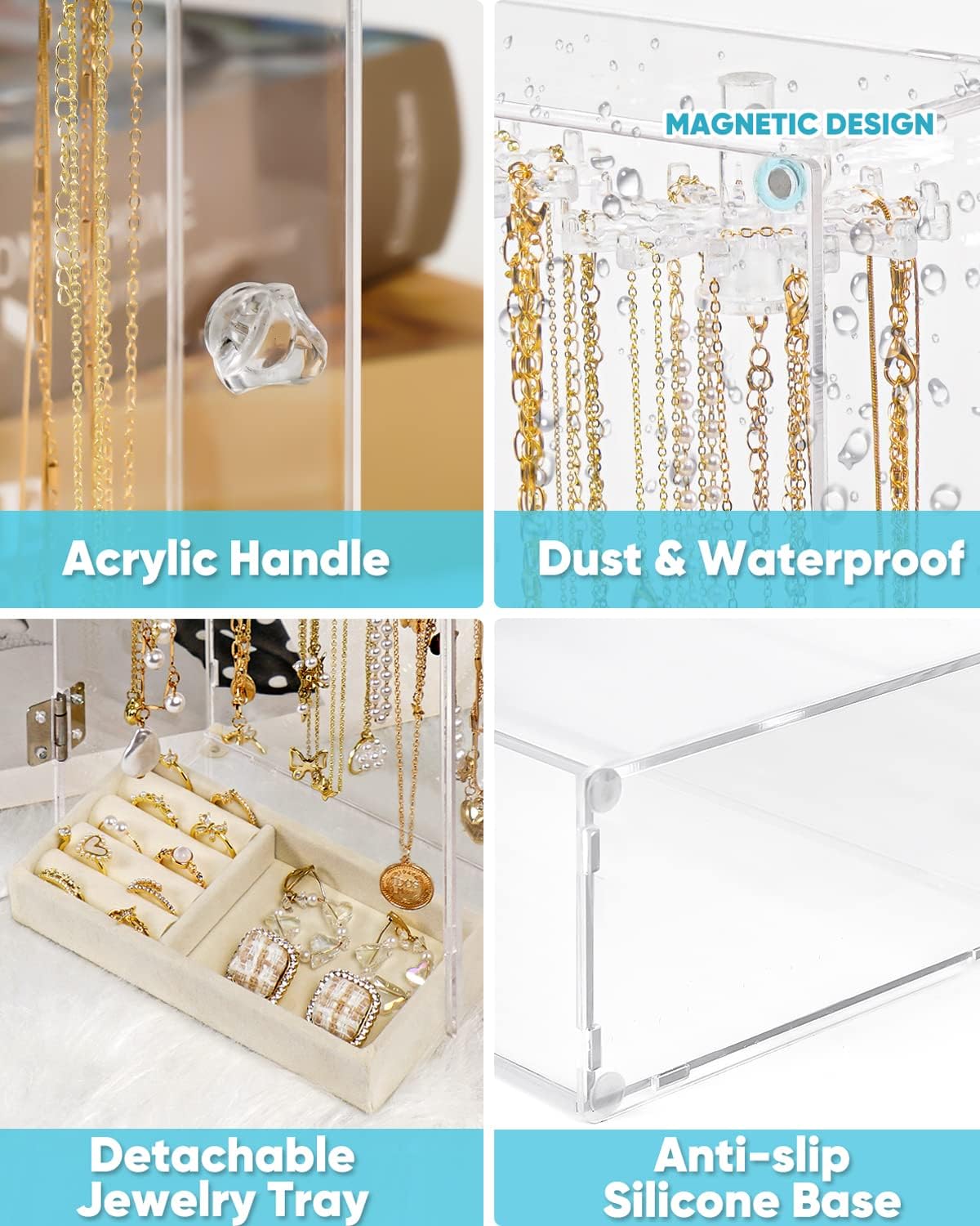 Clear Rotatable Acrylic Necklace Holder & Jewelry Organizer Display Case - Beige Velvet Tray for Rings, Earrings, Pendants & Bracelets | Perfect for Closet, Vanity & Retail Store Jewelry Display