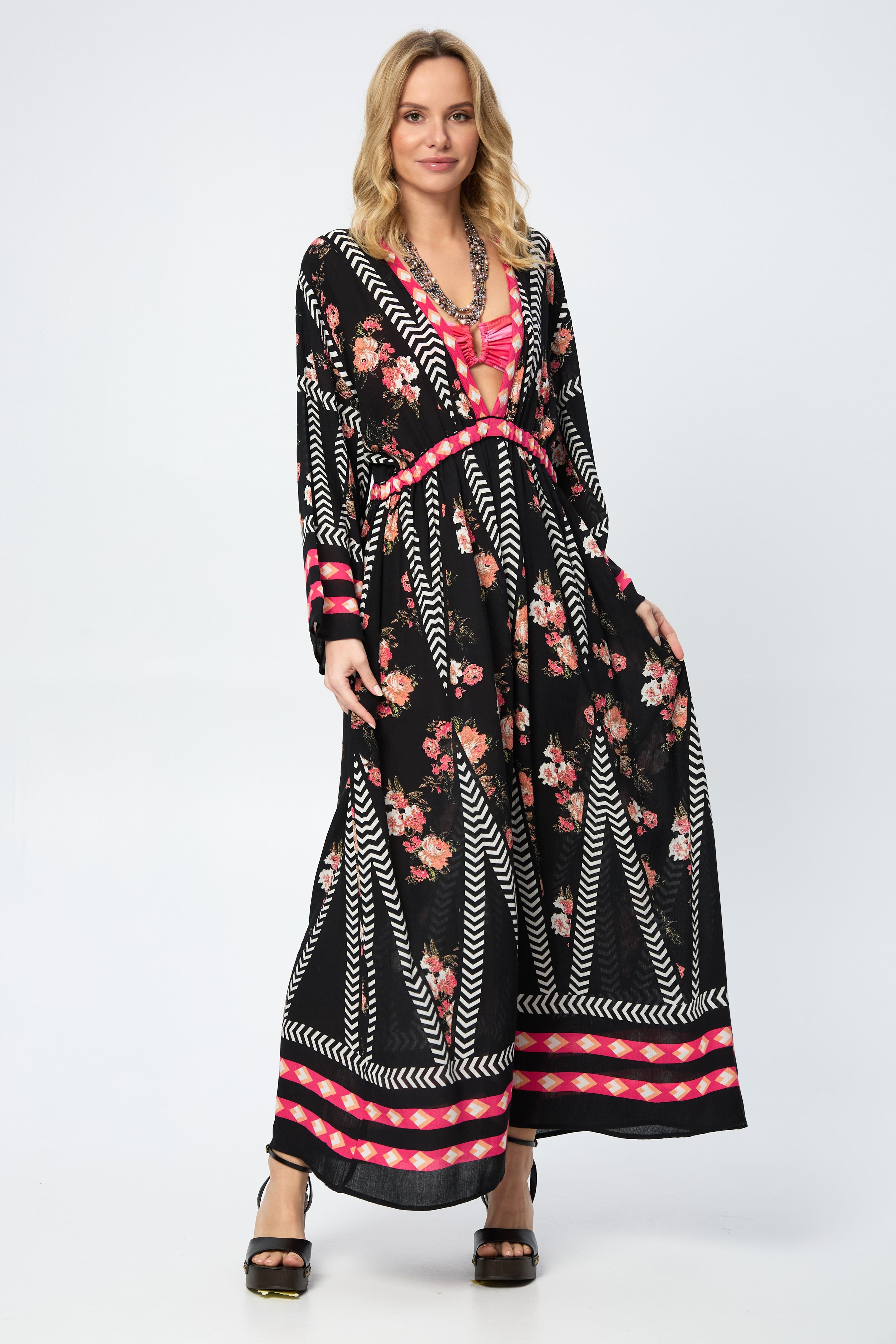 Aztec Floral Keyhole Kaftan Dress - Boho Chic Maxi Dress for Women - Perfect for Beach, Vacation & Summer Outfits