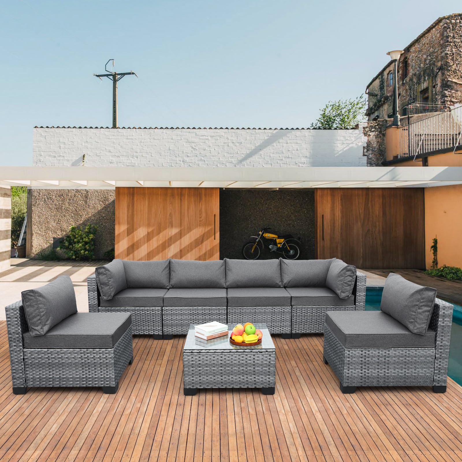 Valita 7-Piece Outdoor PE Wicker Patio Furniture Set - Gray Rattan Sectional Sofa with Washable Cushions for Garden, Poolside & Backyard Relaxation