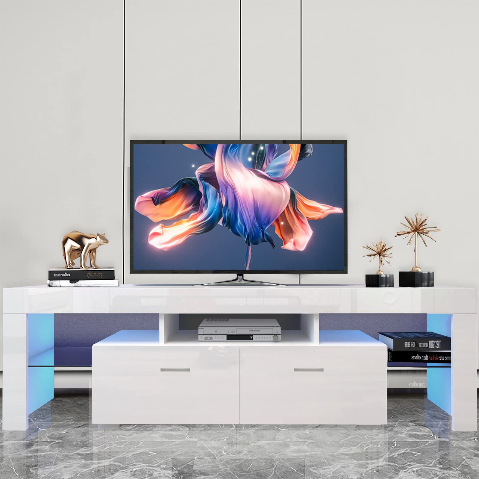 Modern LED TV Stand with 16-Color RGB Lighting - Media Storage Console with 2 Drawers for 70 Inch TVs - Living Room Entertainment Center for Gaming & Movie Nights