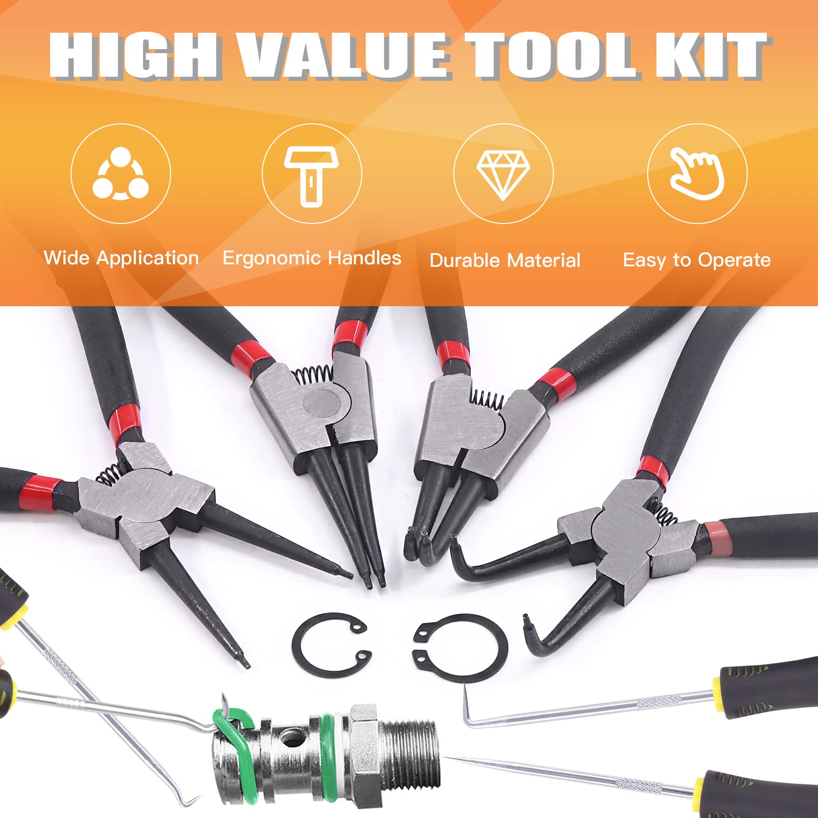 8Pcs Heavy Duty Snap Ring Pliers Set - 7 Inch Internal & External Circlip Pliers with Straight/Bent Jaws for Automotive, Machinery & DIY Repairs - Ideal for Retaining Ring Removal and Maintenance Tasks