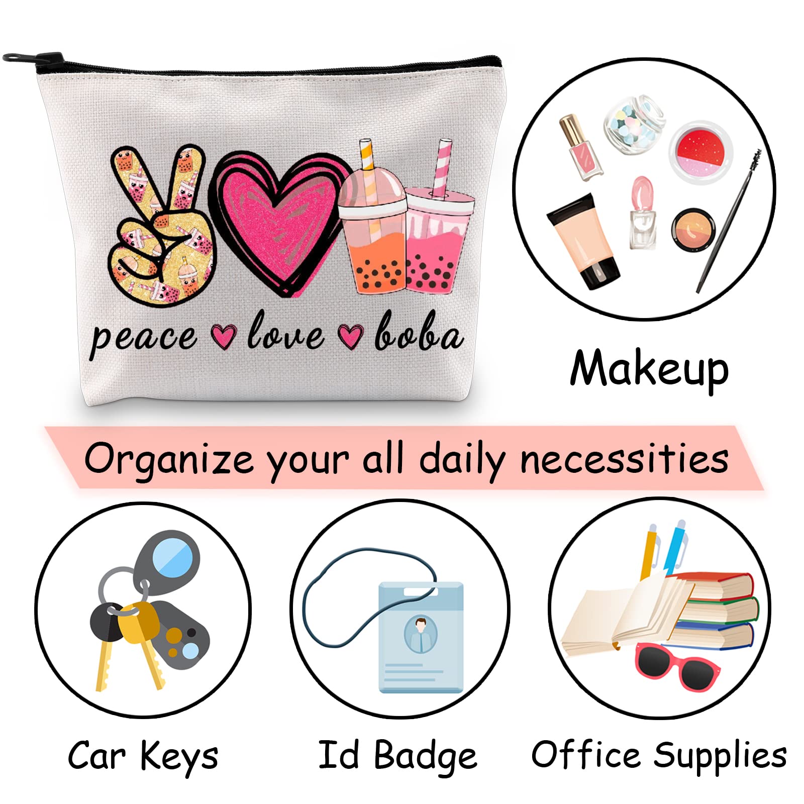 JXGZSO Peace Love Boba Cosmetic Bag - Cute Makeup Pouch with Zipper for Boba Tea Lovers - Perfect for Travel, School & Gift Giving