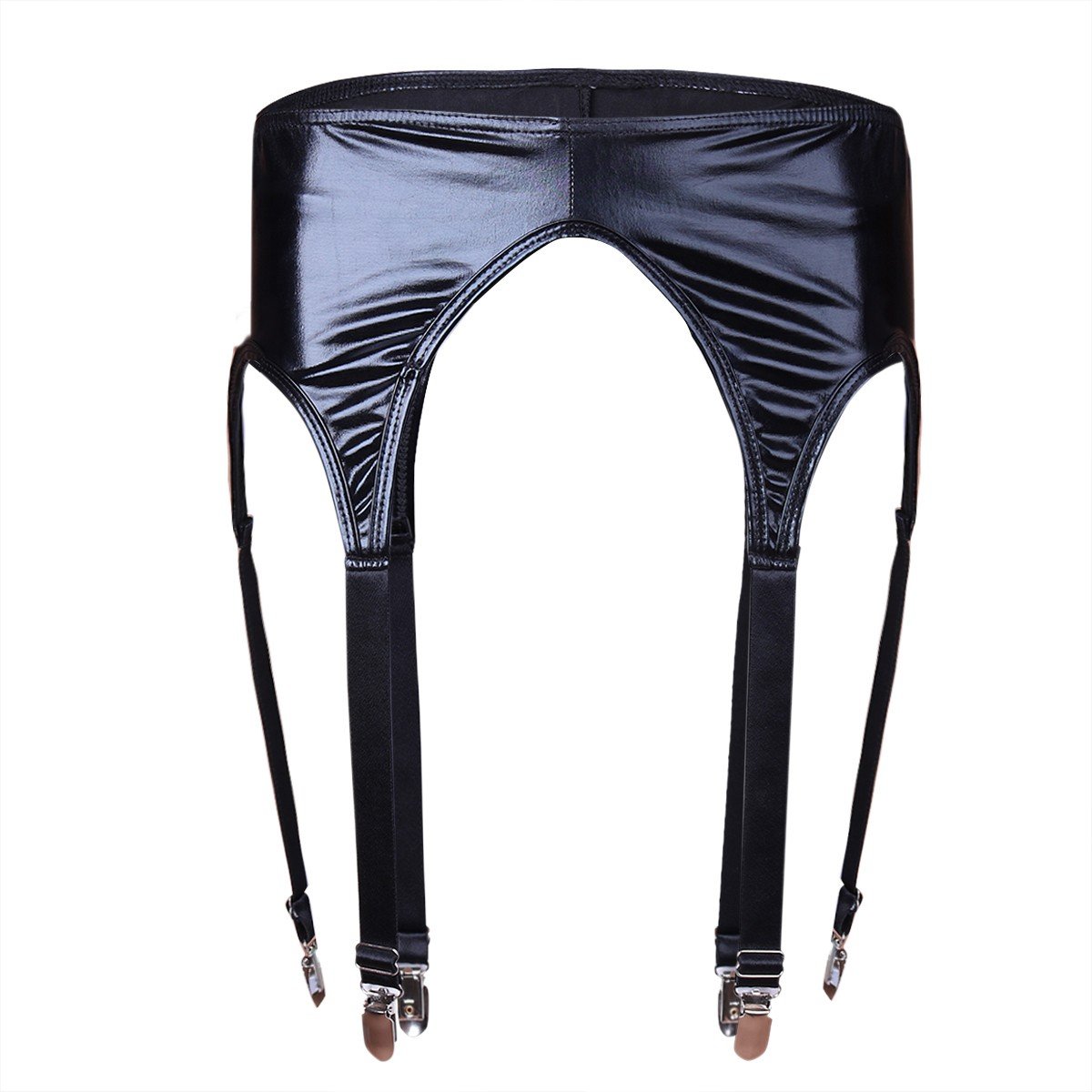 Sexy Black Patent Leather Garter Belt for Women - 6 Adjustable Wide Straps with Metal Buckles | Perfect for Stockings, Lingerie Sets & Romantic Occasions