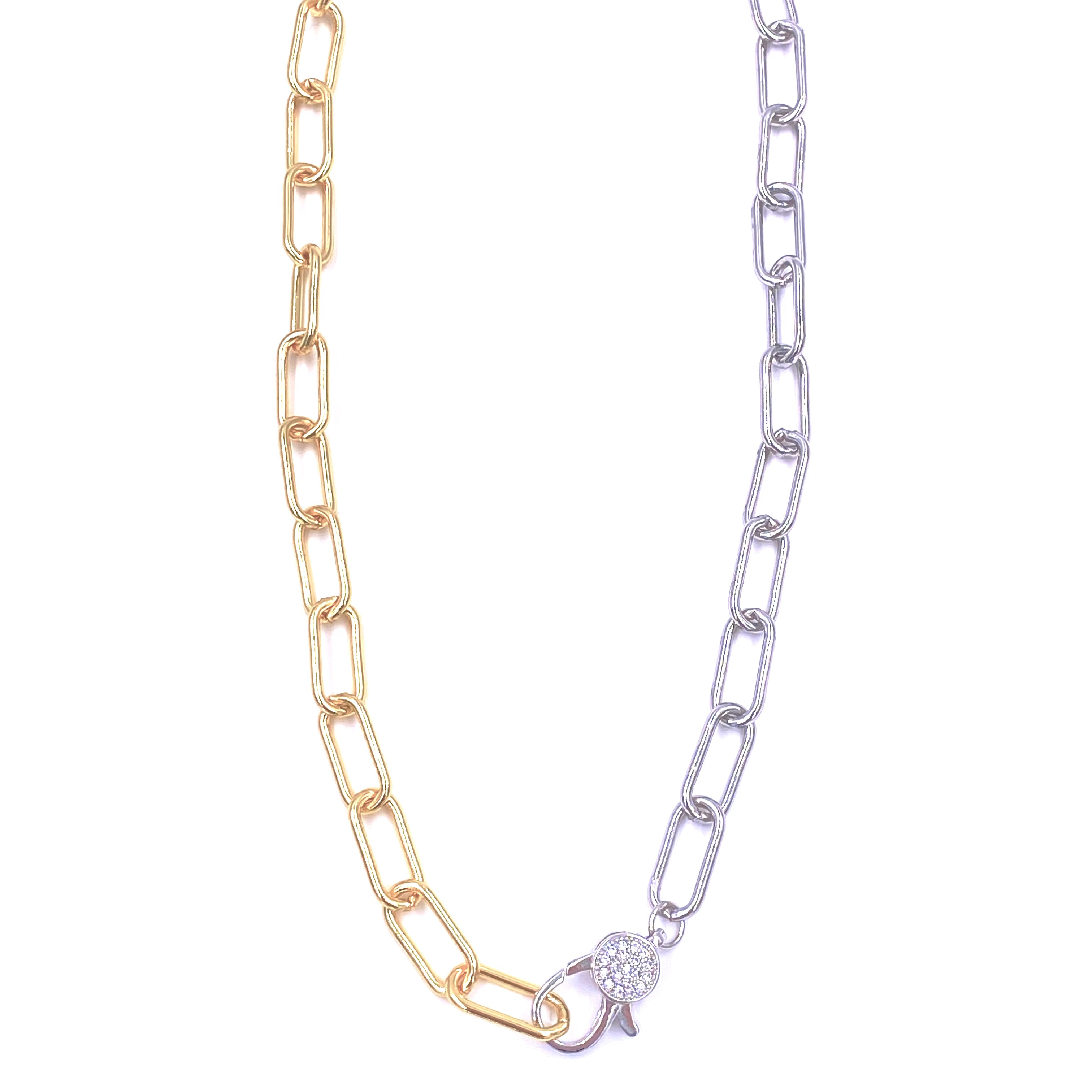 Ashley Gold Stainless Steel Gold Plated Mixed Metal CZ Lobster Clasp Link Necklace for Women - Elegant Layering Jewelry for Parties, Weddings & Everyday Wear