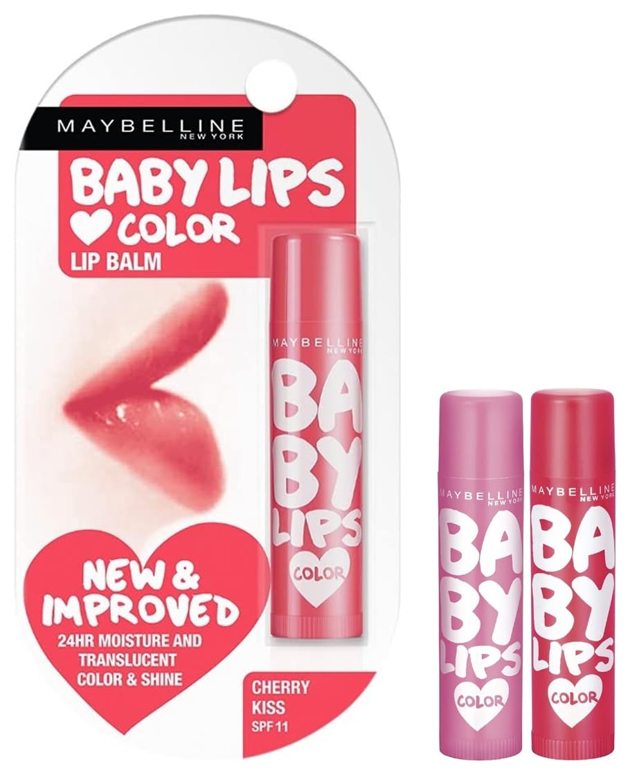 Maybelline New York Baby Lips Lip Balm - Cherry Kiss & Pink Lolita (Pack of 2) | 4g & 31.2g | Moisturizing Lip Care for Dry Lips | Perfect for Daily Use, School, Work & Travel