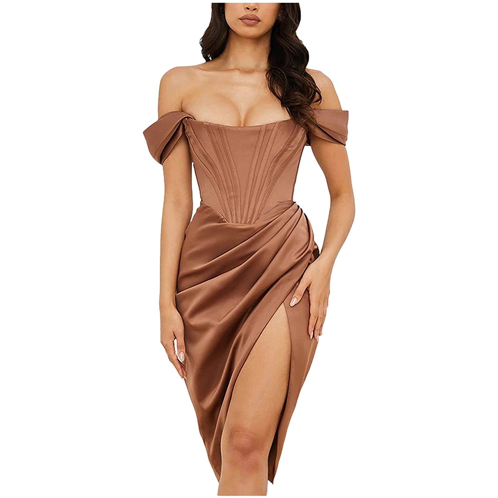 KASAAS Women's Elegant Off Shoulder Push Up Midi Dress with High Slit - Perfect for Cocktail Parties, Weddings, Birthday Events & Nightclub Outings