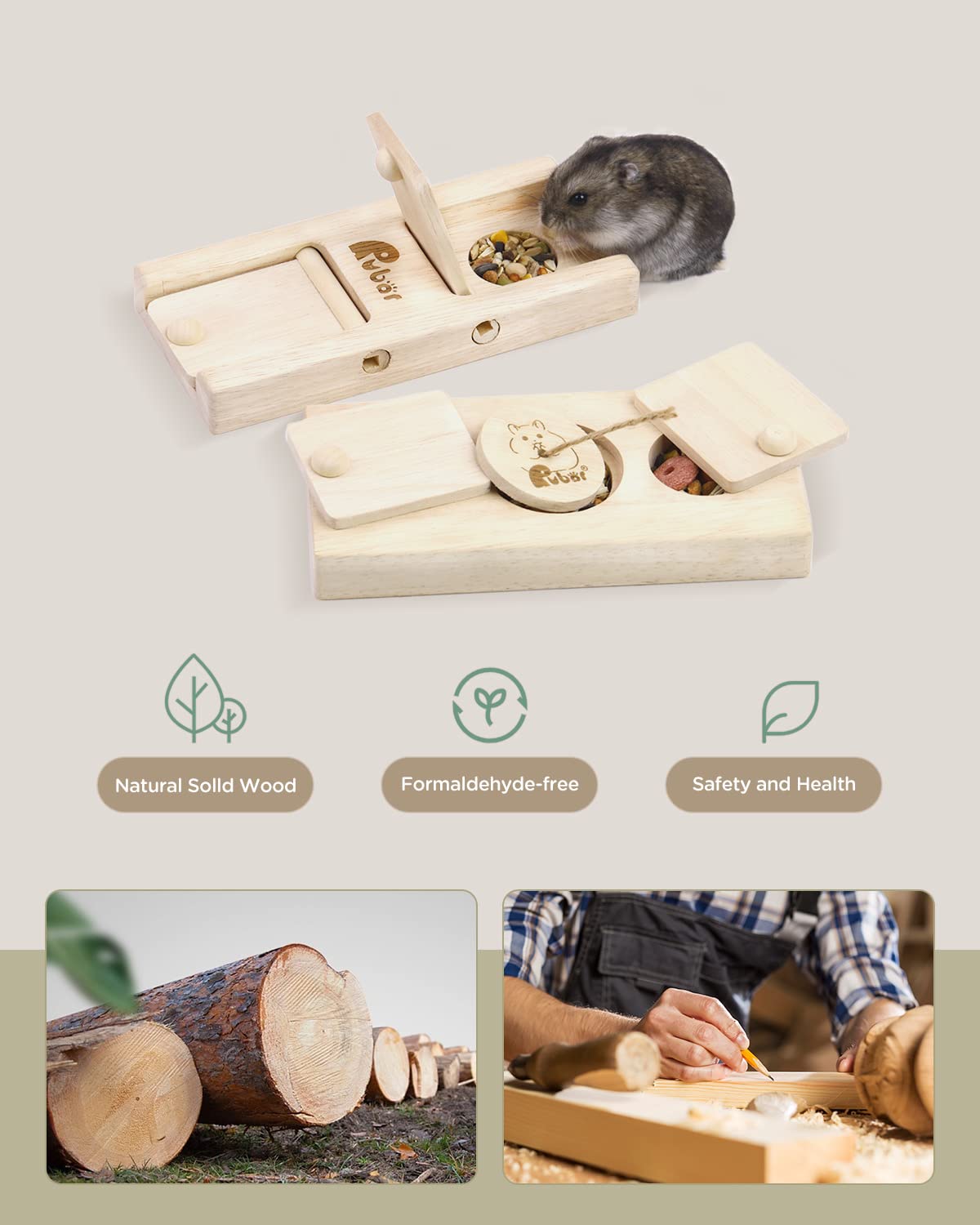 **Wooden Small Animal Foraging Toys - 2Pcs Guinea Pig, Hamster, Rabbit Chew Toys with Hide & Treat Compartments - Interactive Enrichment for Chinchillas, Rats, Gerbils & Dwarf Hamsters - Perfect for Cage Play & Mental Stimulation**