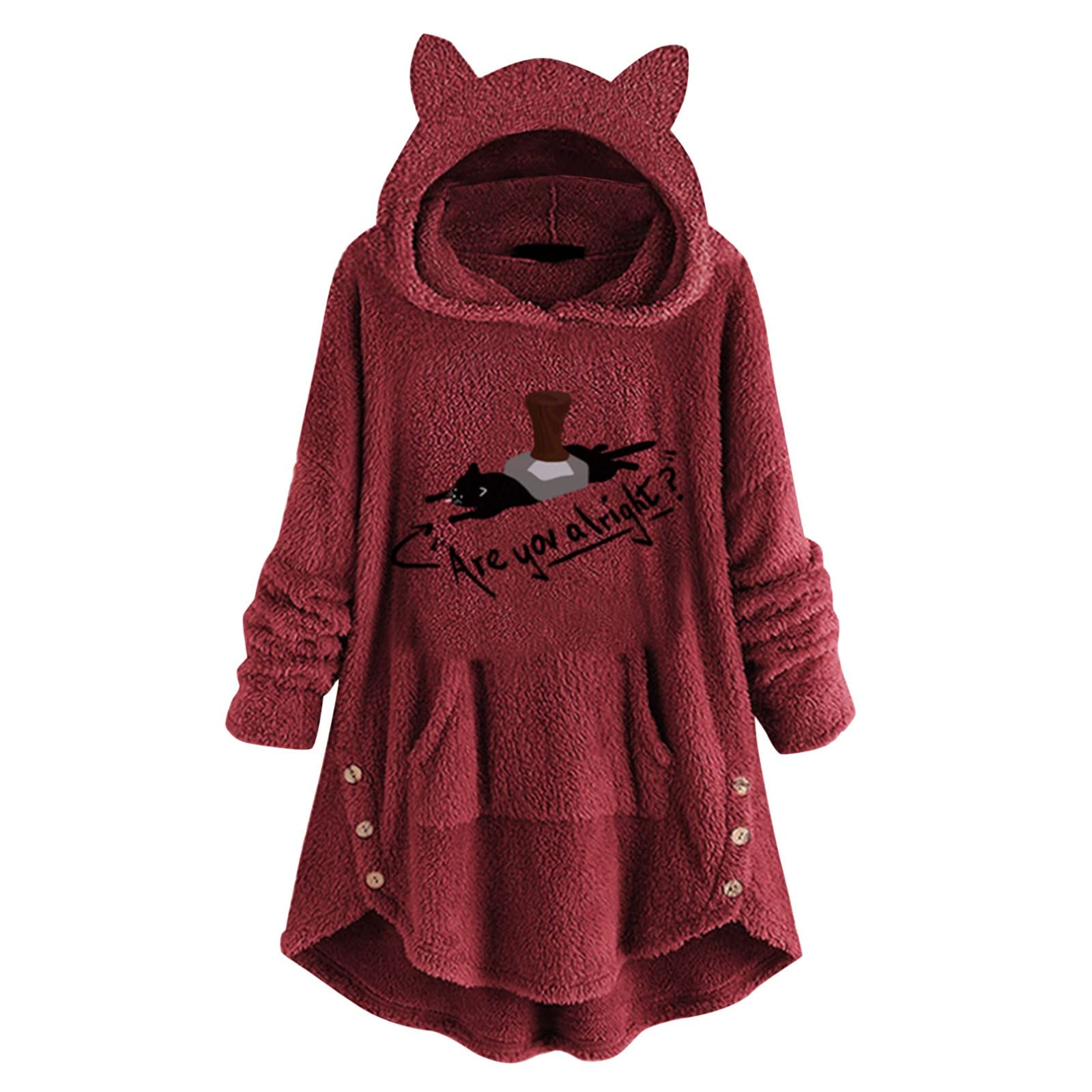 Cute Cat Ear Printed Fleece Hoodie for Women - Long Sleeve Pullover with Pockets & Button Detail | Cozy Winter Wear & Casual Outfit Essential