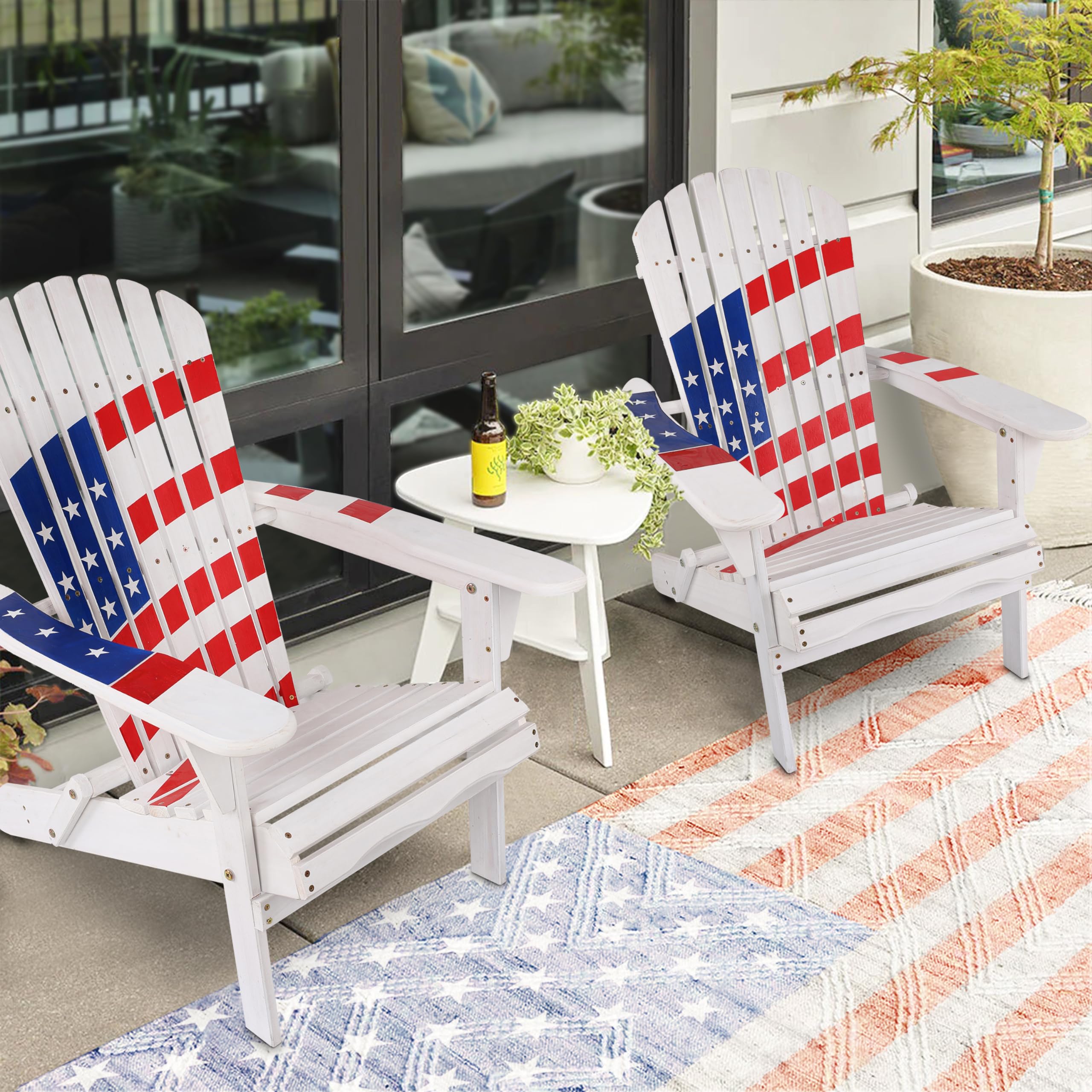 LuxenHome Folding Adirondack Chair - Patriotic Stars & Stripes Design, Oversized Fire Pit Lounge Chair for Outdoor, Patio, Garden & Backyard - Durable Fir Wood Construction - Perfect for Camping, BBQs & Relaxing in Your Yard
