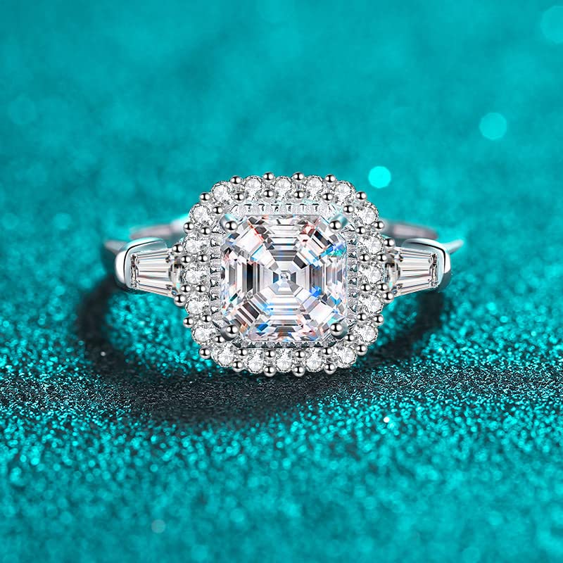 2 Carat D Color VVS1 Asscher Cut Moissanite Diamond Ring for Women - S925 Sterling Silver 18K Gold Plated Engagement Ring - Wedding, Valentine's Day, Birthday Gift with Certificate - Perfect for Proposals, Anniversaries & Special Occasions