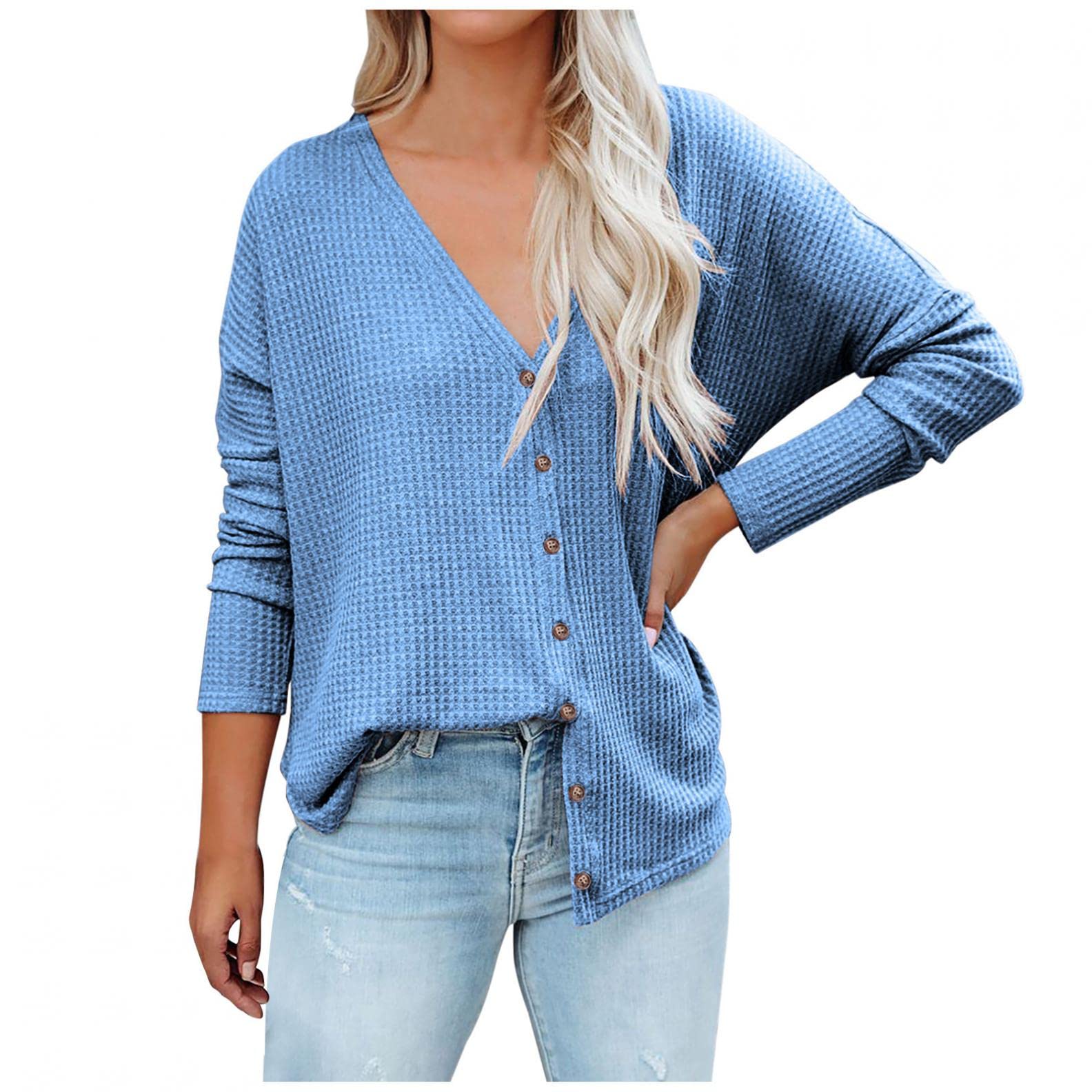 Women's Long Sleeve Henley V-Neck Button-Down Blouse - Soft Waffle Knit Casual Top for Fall - Perfect for Work, Layering & Everyday Wear