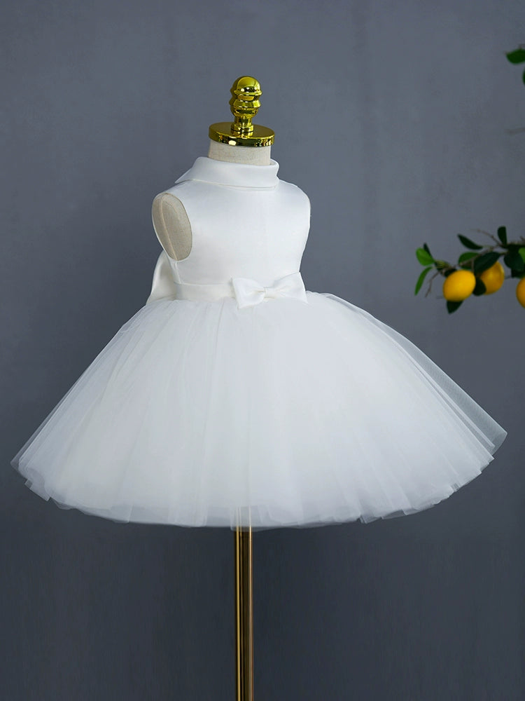 Princess Mock Neck Tea Length Satin Flower Girl Dress in White - Perfect for Weddings, Pageants & Special Occasions