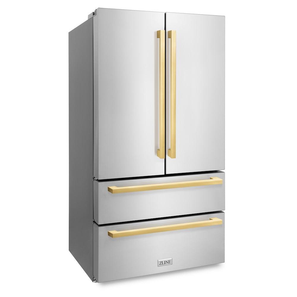 ZLINE Autograph Edition 36 Inch Counter Depth French Door Refrigerator - 22.5 cu ft Capacity, Fingerprint Resistant Stainless Steel with Polished Gold Handles, Built-in Ice Maker - Perfect for Modern Kitchens & Open Concept Homes (RFMZ 36 FG)