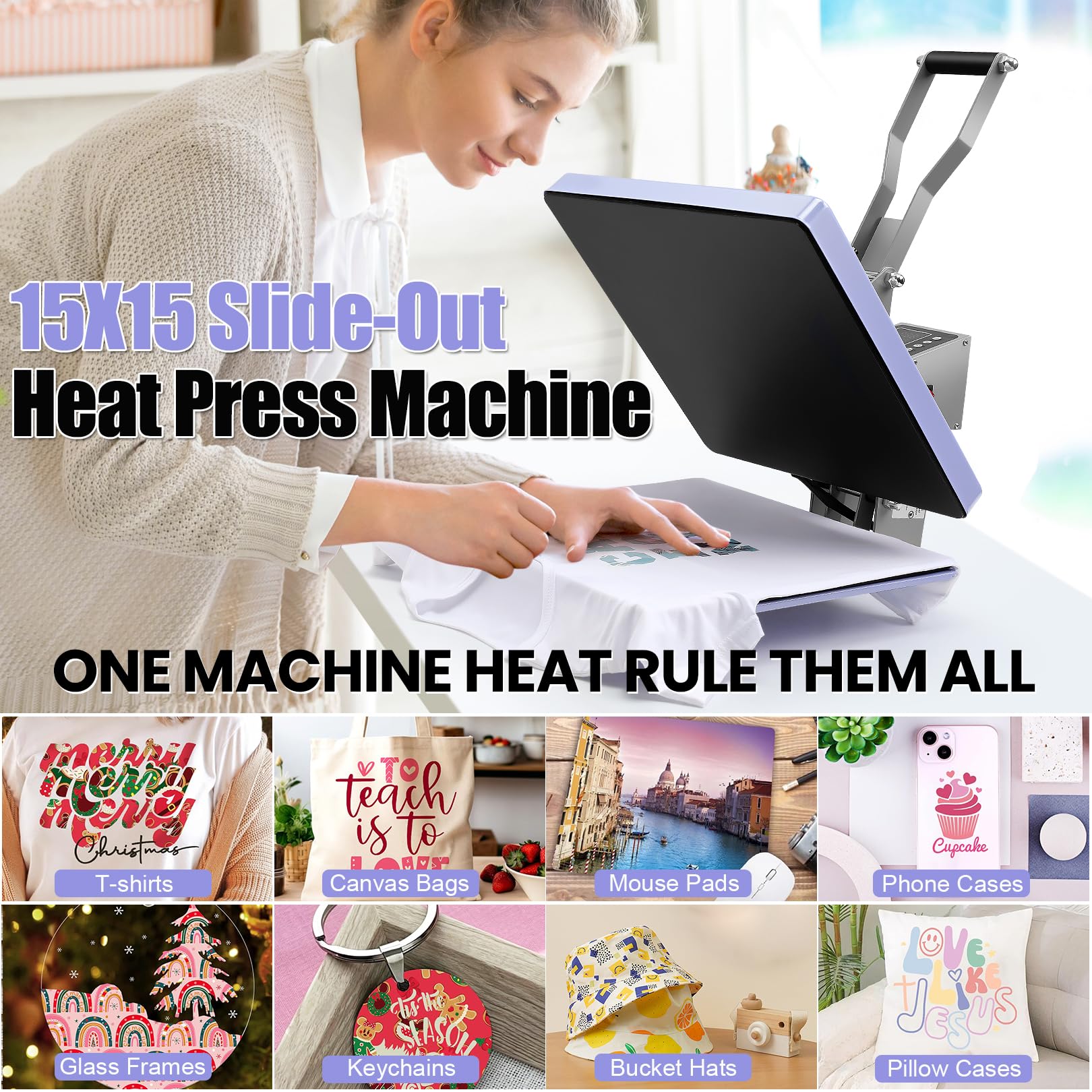 AKEYDIY 15x15 Inch Slide Out Heat Press Machine for T-Shirts, Digital Clamshell Heat Transfer Machine for Sublimation Printing - Industrial Grade for Shirts, Canvas, Pillows, Coasters, Puzzles (Purple) | Perfect for DIY Crafts, Custom Apparel & Home Decor Projects