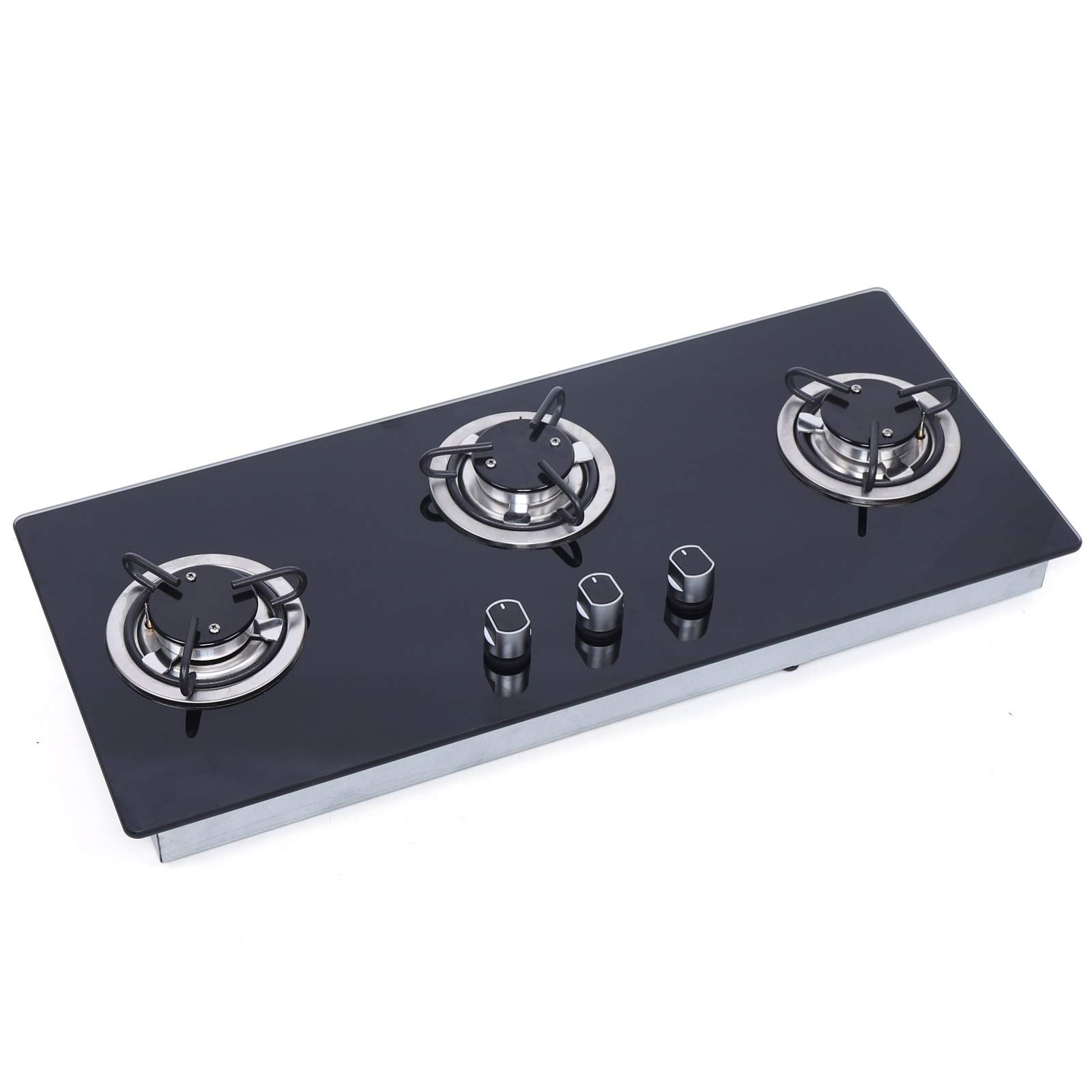 3 Burner LPG Gas Stove Hob - Black Tempered Glass RV Stove with 3D Air Intake Structure & Knob Control for RV, Boat, Caravan, Camper (Square) | Perfect for Outdoor Cooking, Camping Trips & Mobile Living