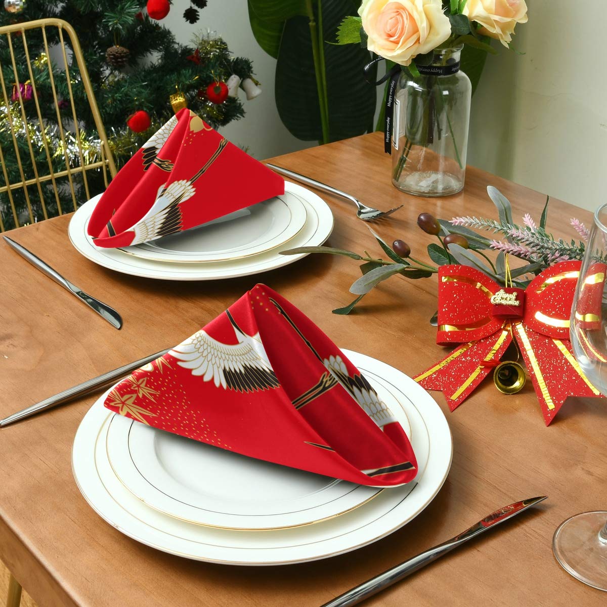 Japanese Cherry Blossom & Maple Leaf Cloth Napkins Set of 4 - 20x20 Inch Washable Cotton Dinner Napkins for Family Dining, Wedding Party, Restaurant & Holiday Decor - Elegant Table Linens for Everyday Use & Special Occasions