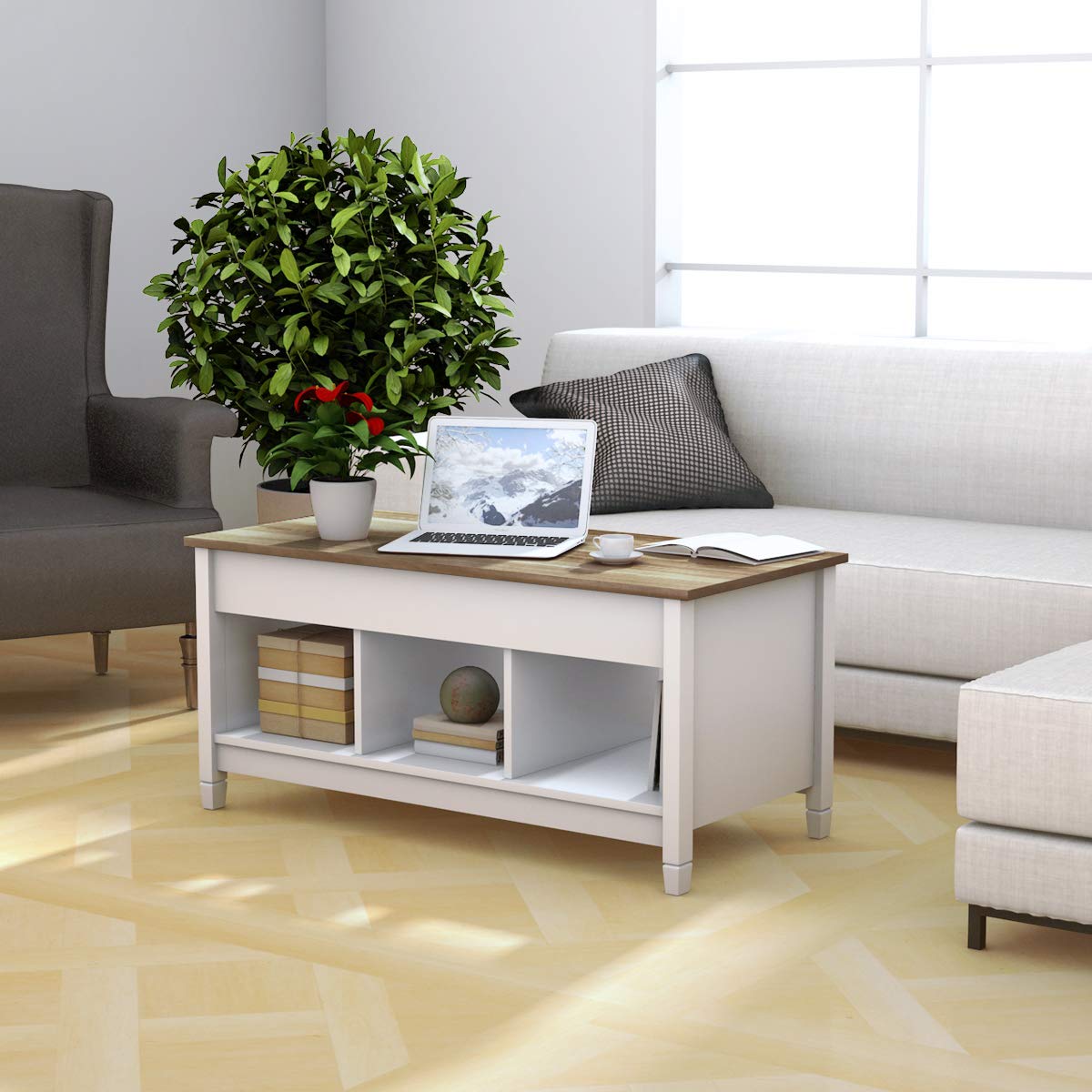 KOTEK Lift Top Coffee Table with Hidden Storage Compartment & Open Shelves - Modern Living Room Lift-Top Table for Small Spaces, Sofa Side Table with Storage - Perfect for Apartments, Studios & Reception Areas (White)