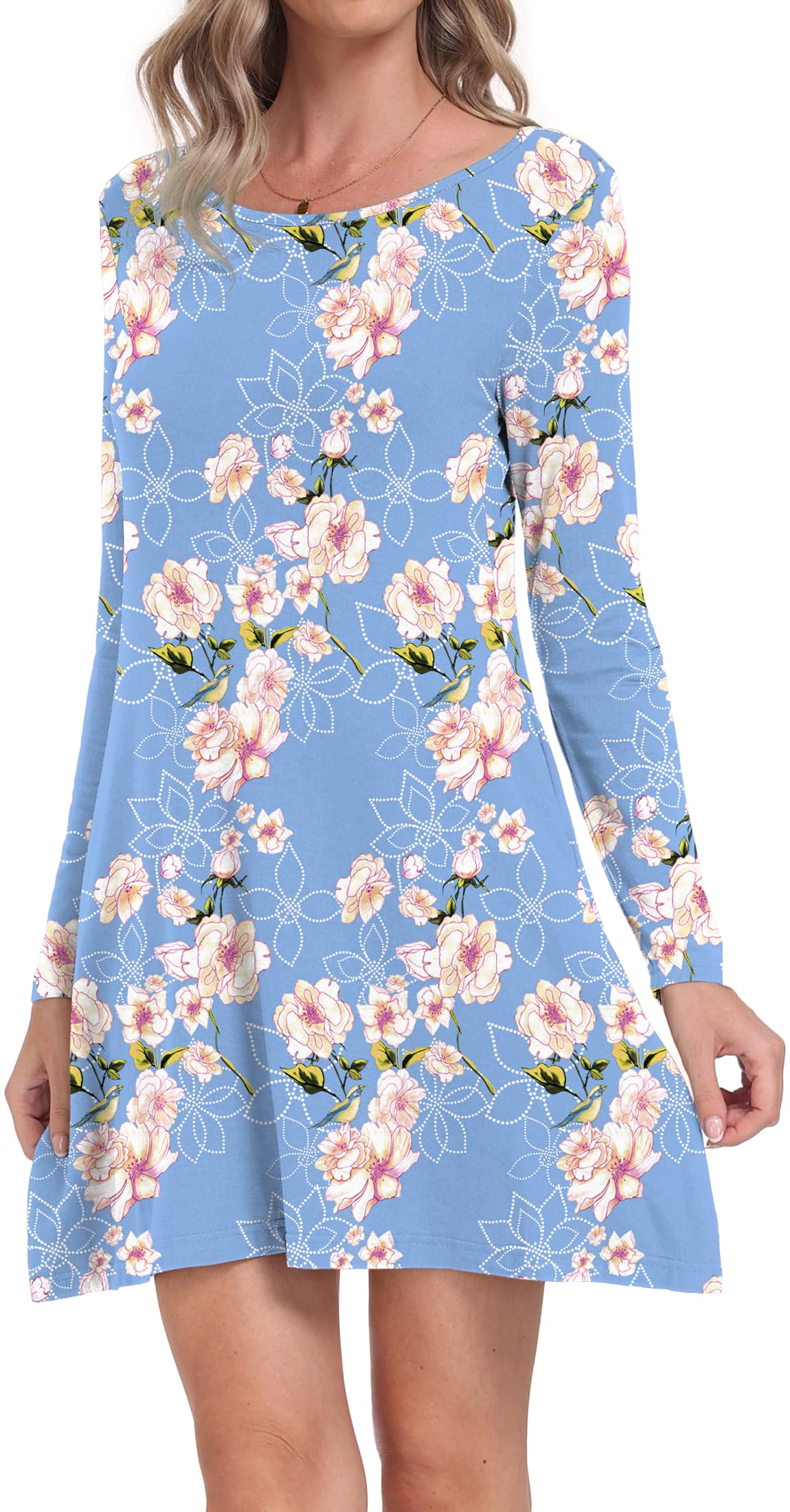 Women's Casual Long Sleeve Pocket T-Shirt Dress - Loose Fit Comfortable Cotton Maxi Dress for Everyday Wear, Outfits, Work & Weekend