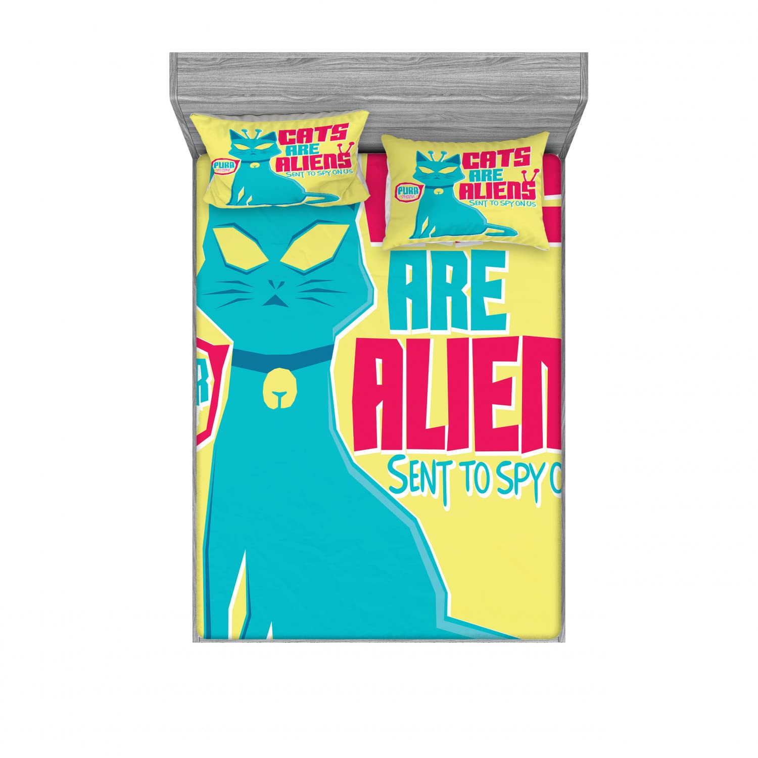 Ambesonne 2-Piece King Size Fitted Sheet Set with 4 Pillow Shams - Funny Cats Are Aliens Cartoon Design in Pastel Yellow & Magenta | Soft Bedding Decor for Kids Room, Teen Bedroom or Gift Idea