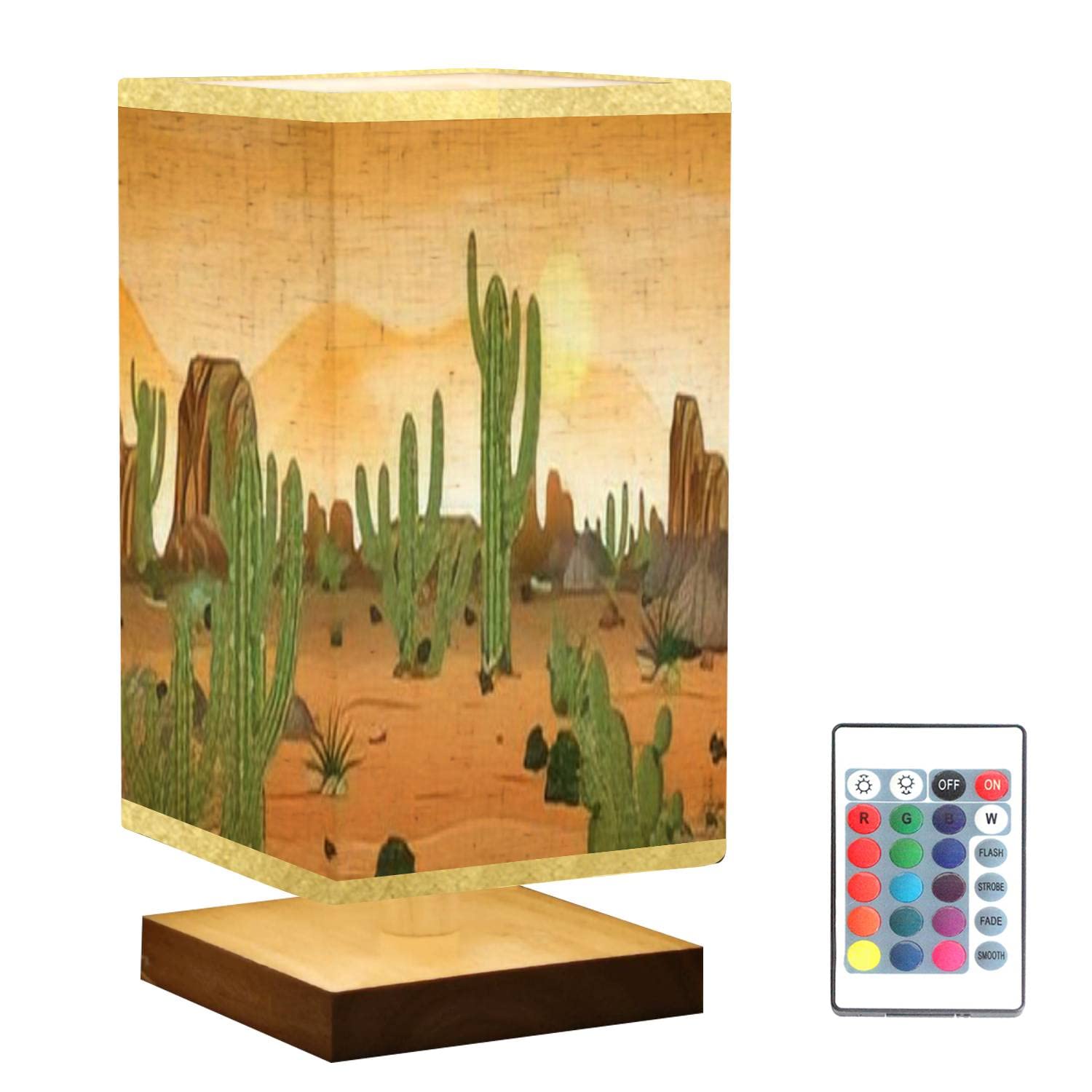 Dimmable Wooden Base Nightstand Lamp with Flaxen Fabric Shade - Sunset Desert Forest Landscape with Cactuses Design - Perfect Bedside Table Lamp for Bedroom, Living Room & Office Decor