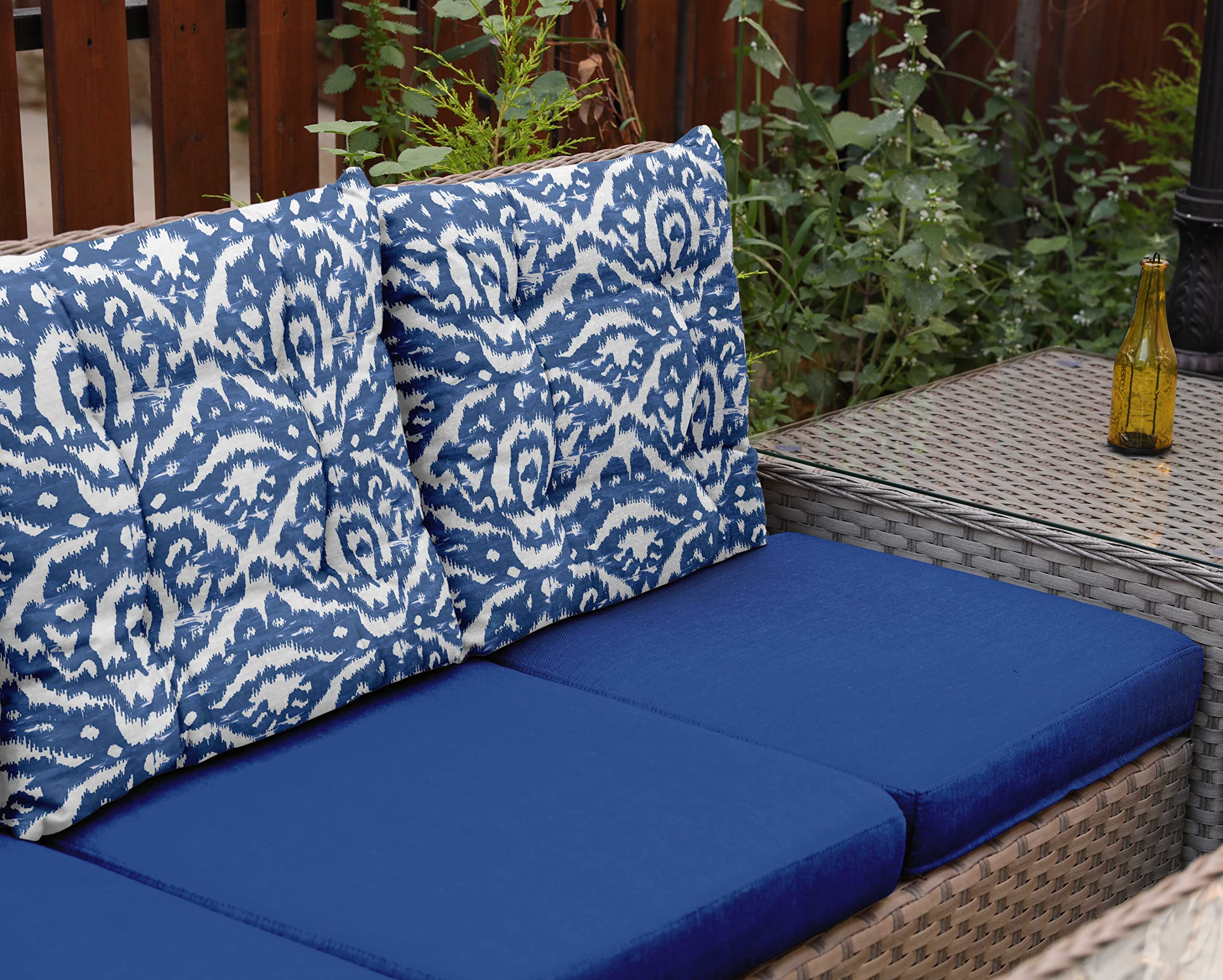 Waterproof 19-inch Blue Ikat Print Square Patio Cushion Set of 2 - Indoor/Outdoor Tufted Furniture Seat Cushions for Garden, Deck & Poolside Lounge