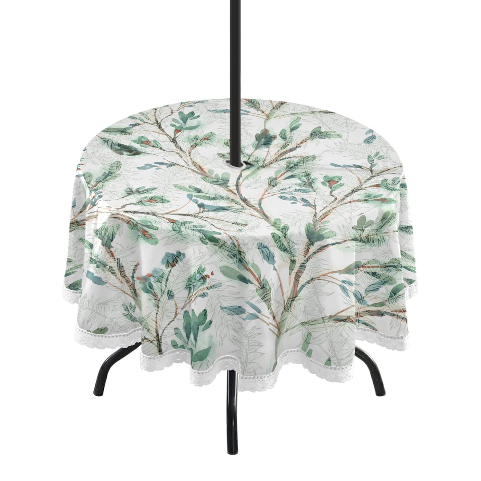 ALAZA Green Eucalyptus Leaves Round Tablecloth - 60 Inch Outdoor Table Cover with Umbrella Hole & Zipper, Durable Polyester Fabric for Backyard Picnics, Patio Decor, Garden Parties and Outdoor Dining