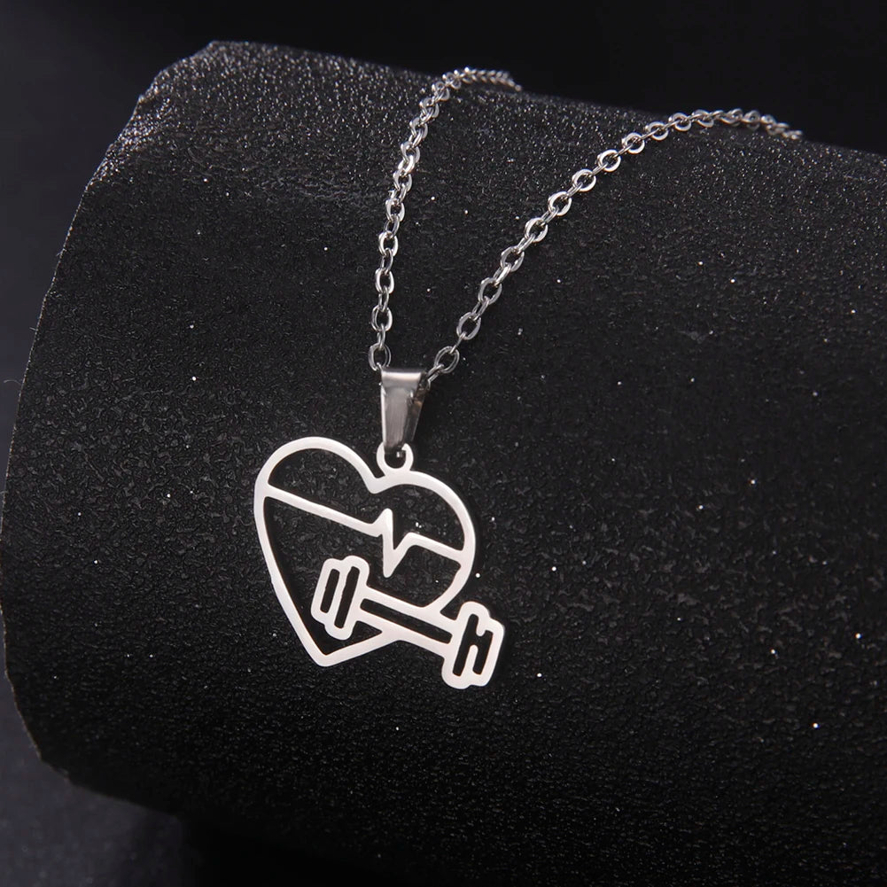 Lucktune Heartbeat Dumbbell Pendant Necklace - Stainless Steel Heart Shaped Fitness Jewelry for Women & Men - Perfect for Workouts, Gym, Valentine's Gift & Everyday Fashion Accessory
