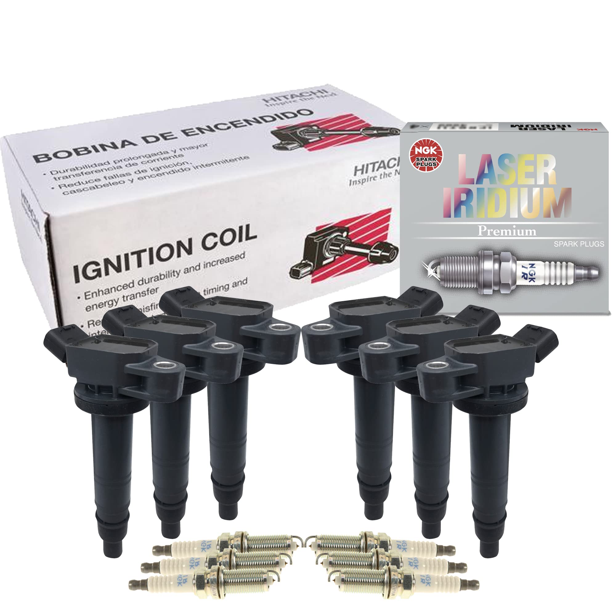 Hitachi 6 Ignition Coils & NGK 6 Laser Iridium Spark Plugs Kit - Compatible with Toyota 4.0L V6 Engine (1GR-FE) - Perfect for Tundra, Tacoma, 4Runner, FJ Cruiser - Improves Engine Performance & Fuel Efficiency