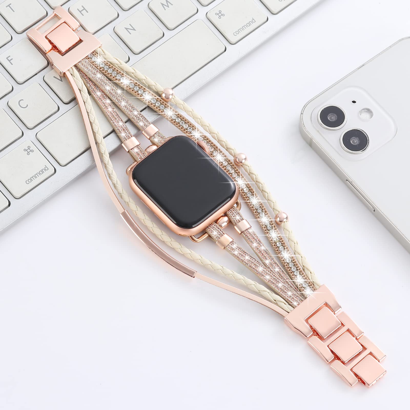 WONMILLE Genuine Leather Bands for Apple Watch 41mm 40mm 38mm 45mm 44mm 42mm 49mm - Boho Bracelet Strap Compatible with iWatch Series Ultra 10 9 8 7 6 5 4 3 2 1 SE - Perfect for Workouts, Office Wear & Casual Fashion Accessories
