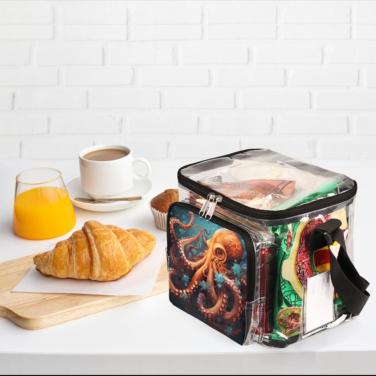 GzLeyigou Orange Octopus Transparent Tote Bag with Handles - Clear Crossbody Shoulder Bag for Lunch, Outdoor Activities, Travel, Picnics, Concerts & Sports Events | Stadium Approved Multipurpose Purse - Perfect for Beach Days, Music Festivals and Theme Park Adventures