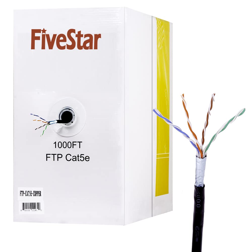1000Ft Cat5e FTP Outdoor Shielded Ethernet Cable - 24AWG Solid Bare Copper, 350MHz, ETL Listed - High-Speed LAN Network Cable for Router, Modem, Gaming & Home Office (1000Ft, Black)