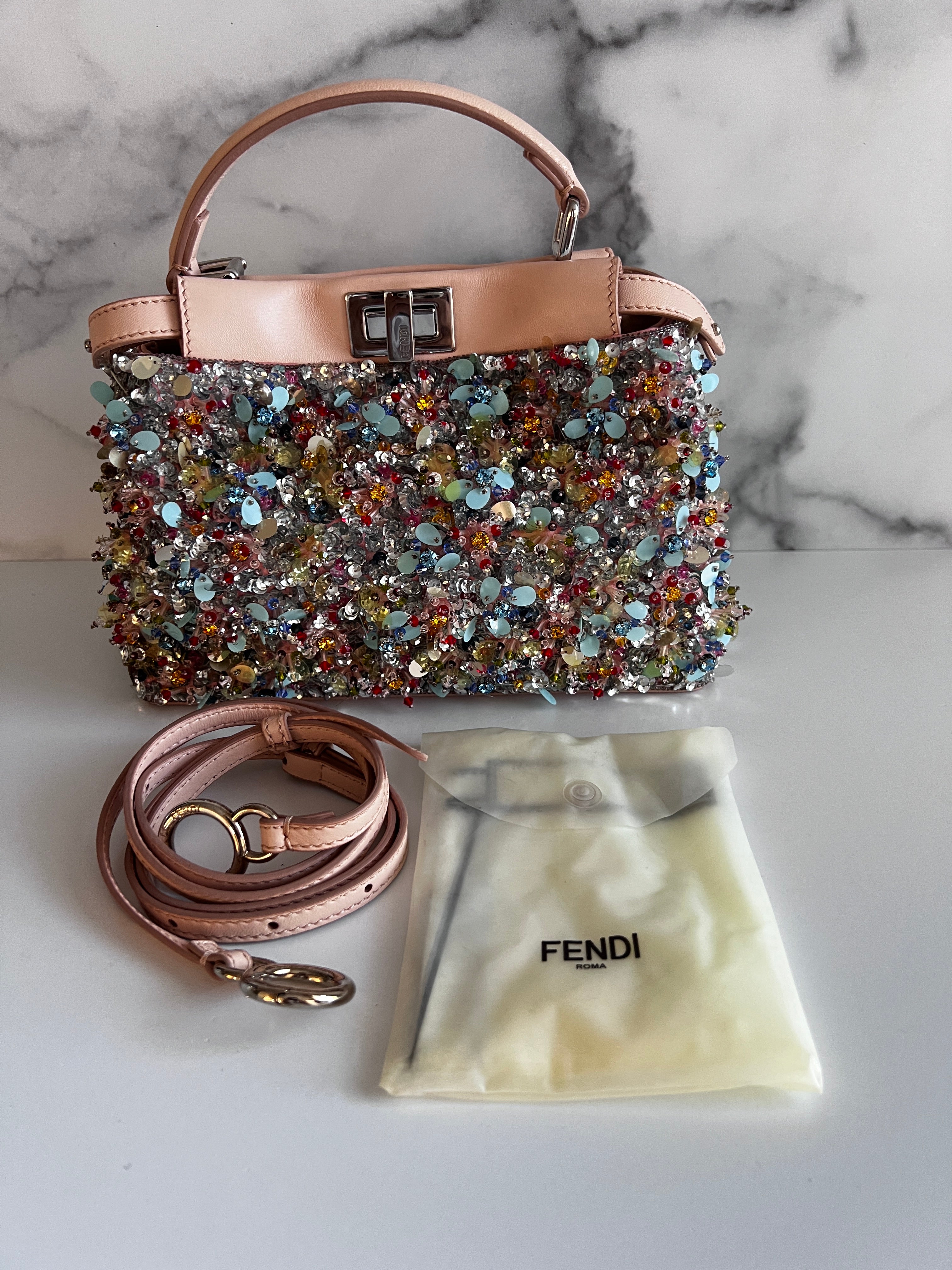 Pre-Owned Fendi Peekaboo Small Bag with Multi-Sequin & Rhinestone Design - Perfect for Evening Parties, Weddings & Special Occasions