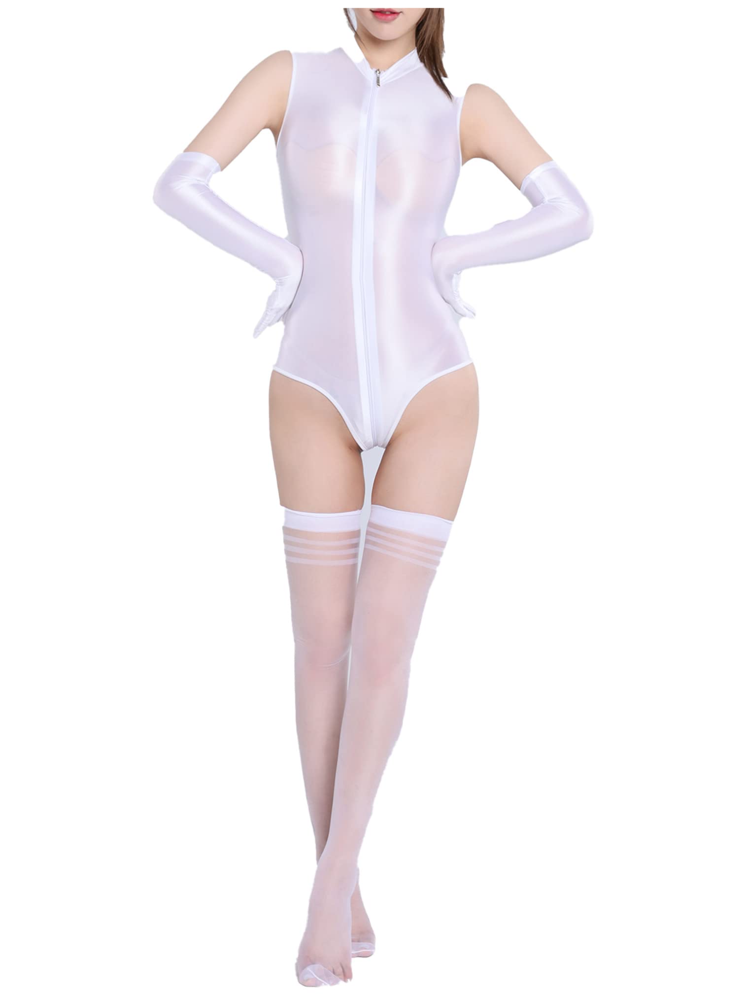 FEESHOW Women's High Cut Thong Bodysuit - Glossy Oil Swimwear in Candy Colors with Stockings | Sexy Tight One Piece for Beach, Pool Party & Nightclub Outfits