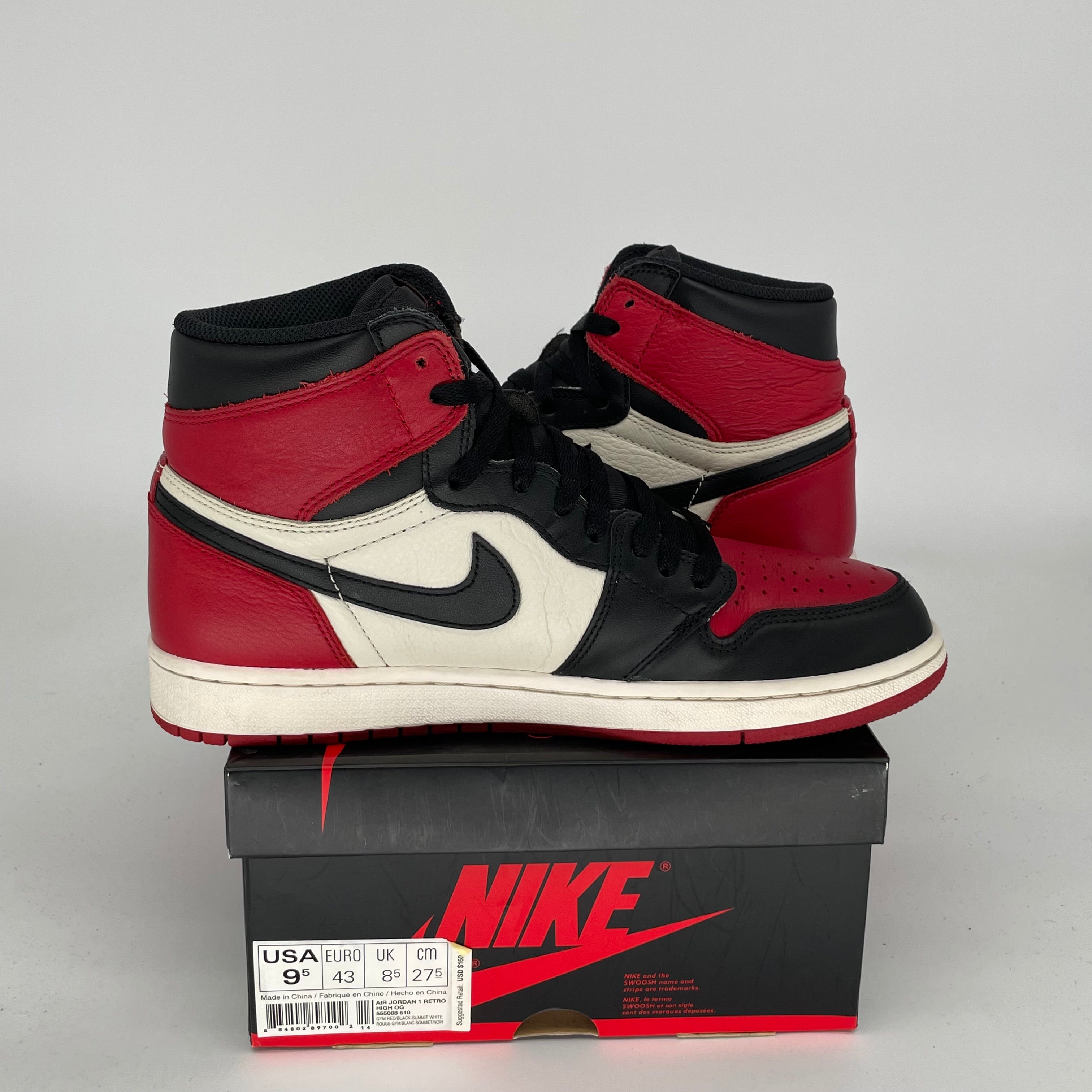 Air Jordan 1 Retro High OG 'Bred Toe' Men's Basketball Shoes Size 9.5 - Style Code 555088-610 | Authentic Sneakers for Streetwear, Basketball & Casual Wear
