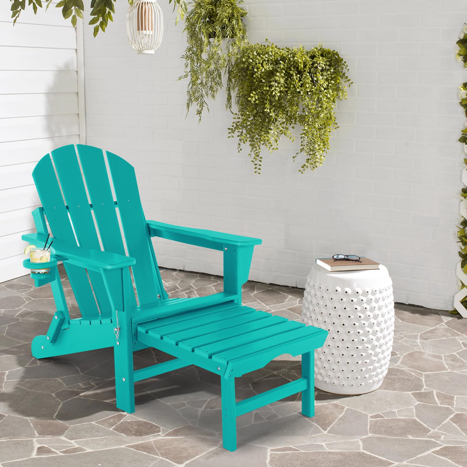 Foldable Adirondack Chair with Adjustable Footrest – Weather-Resistant Outdoor Plastic Patio Chair with Removable Ottoman, Stackable Design & Cup Holder – Perfect for Backyard, Poolside & Garden Relaxation (21.6