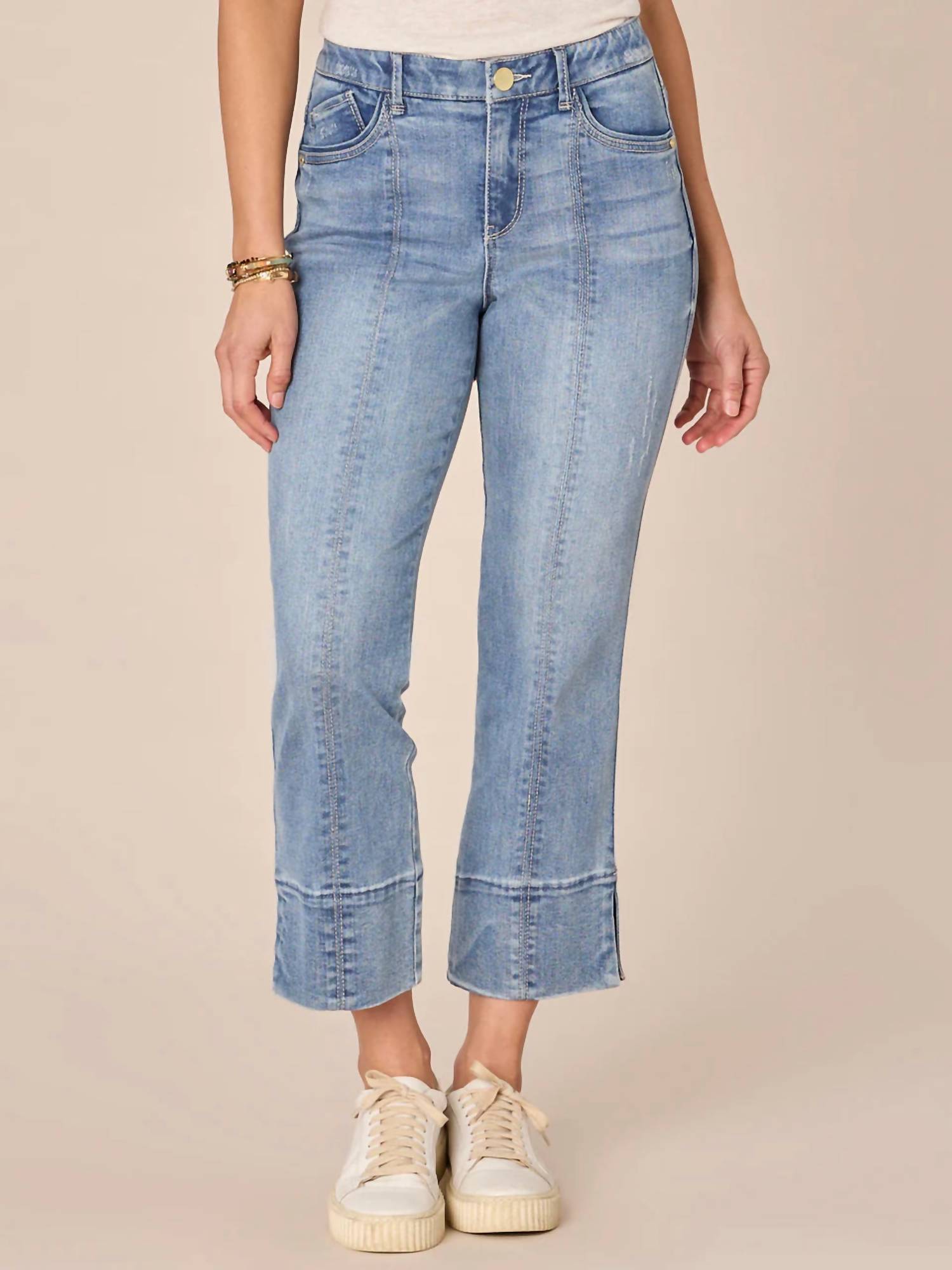 Absolution High Rise Center Seam Slit Hem Kick Flare Jeans - Light Blue Denim Pants for Women | Perfect for Casual Outings, Date Nights & Office Wear