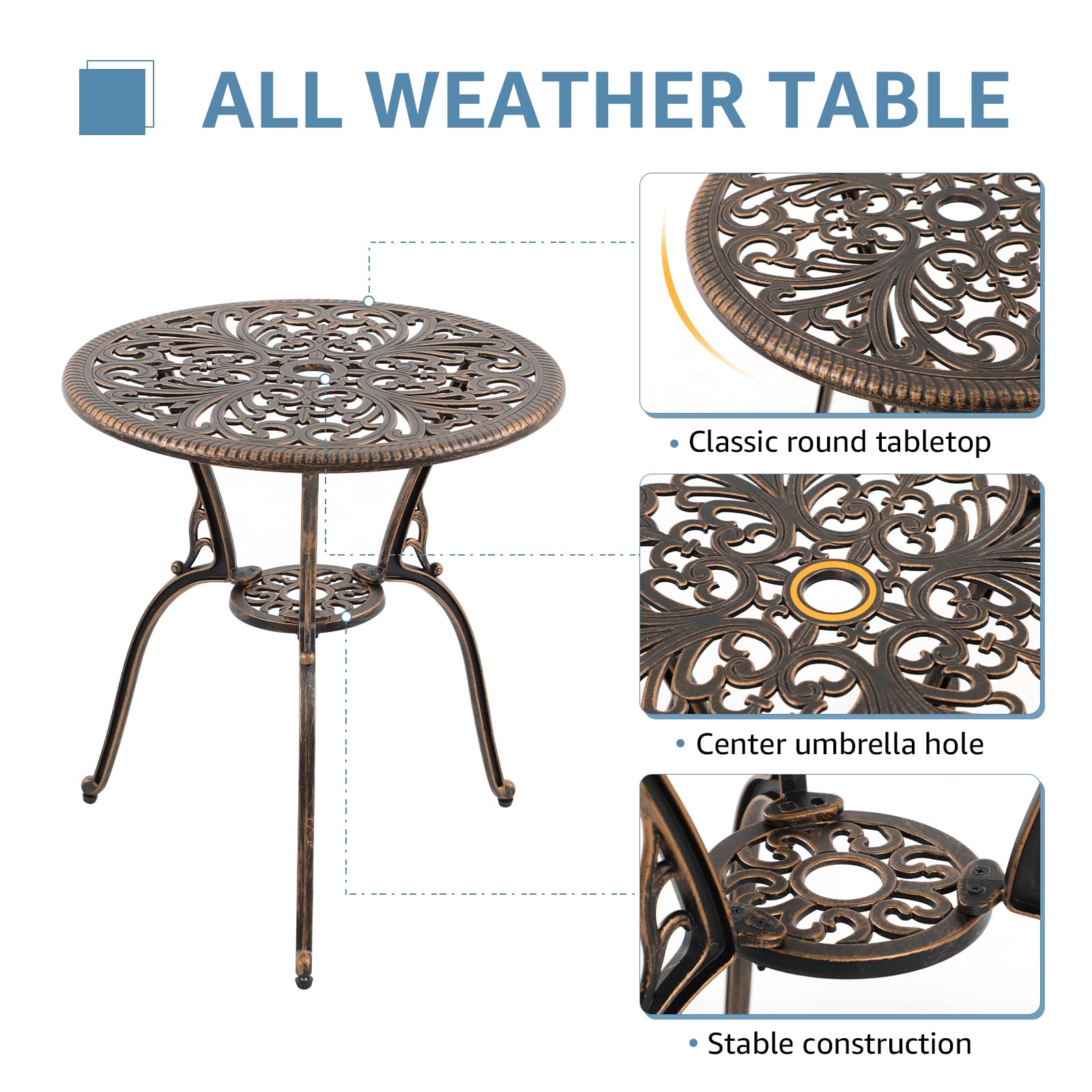 COBANA 3-Piece All-Weather Outdoor Bistro Set - Bronze Cast Aluminum Patio Dining Table & Chairs with 2” Umbrella Hole | Perfect for Garden, Balcony, Poolside & Small Outdoor Spaces