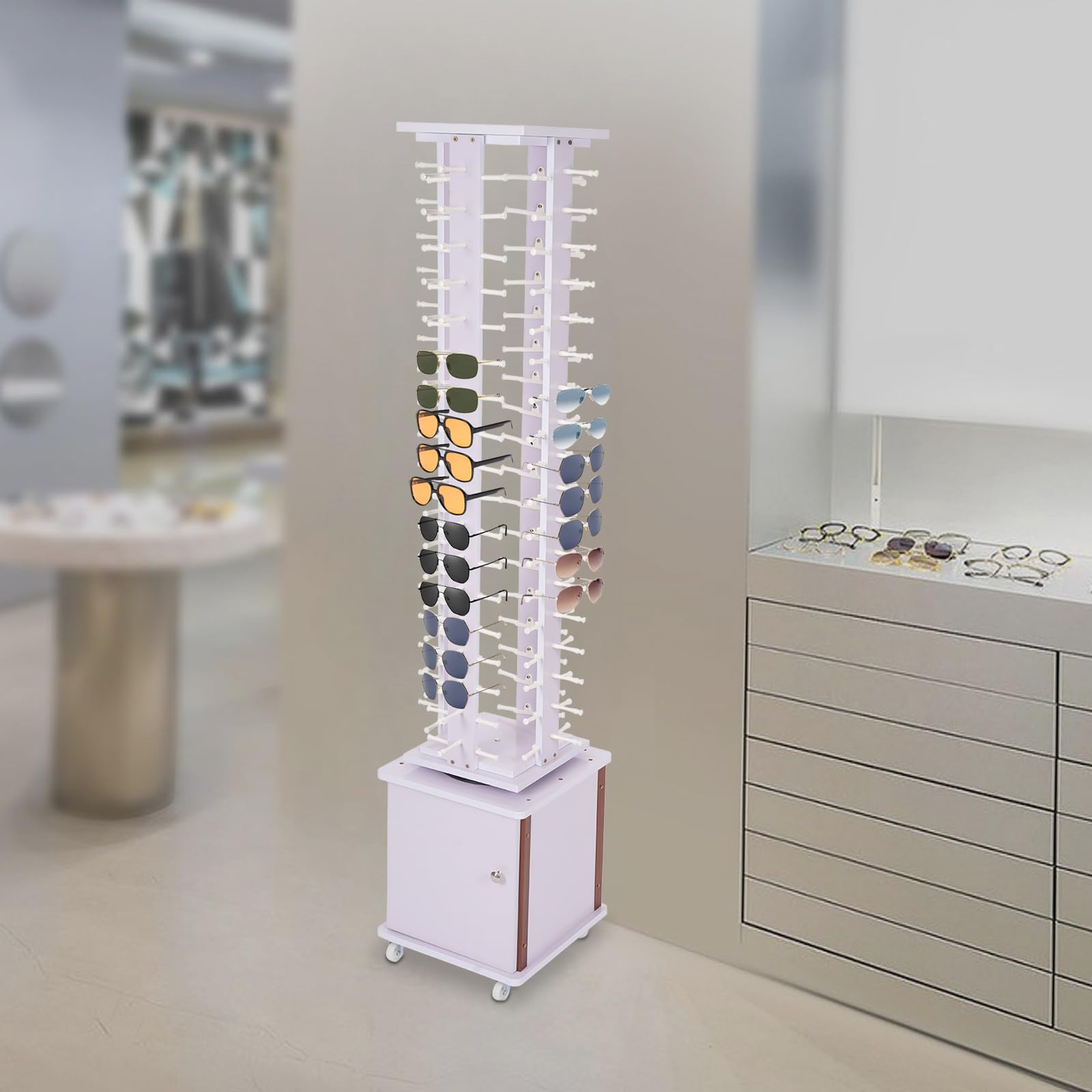 360° Rotating Glasses Storage Display Stand with Cabinet & Wheels - Purple Sunglasses Retail Floor Display Organizer Holds 72 Pairs - Perfect for Eyewear Stores, Boutiques & Optical Shops