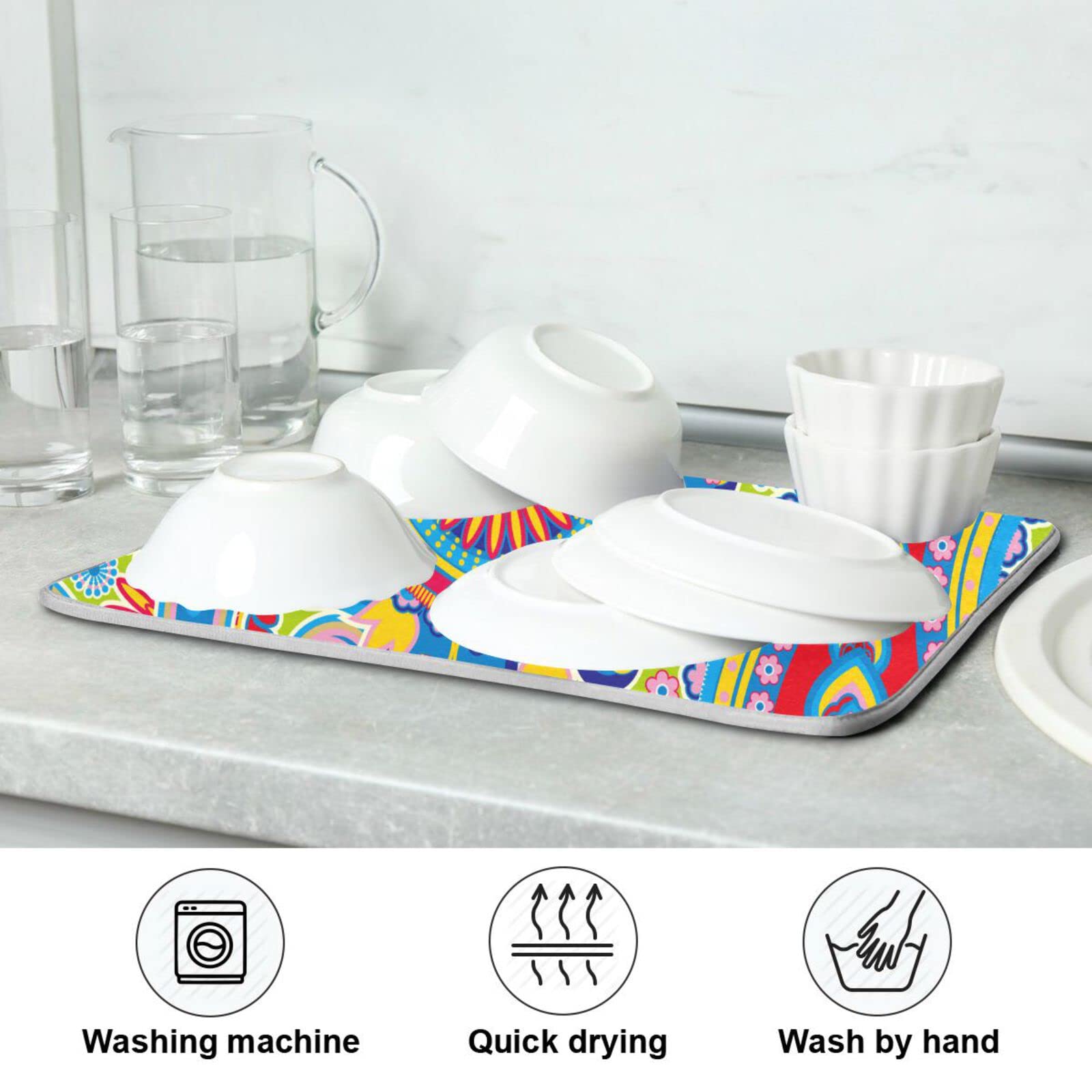 Paisley Dish Drying Mat - Microfiber Kitchen Countertop Drainer (16x18